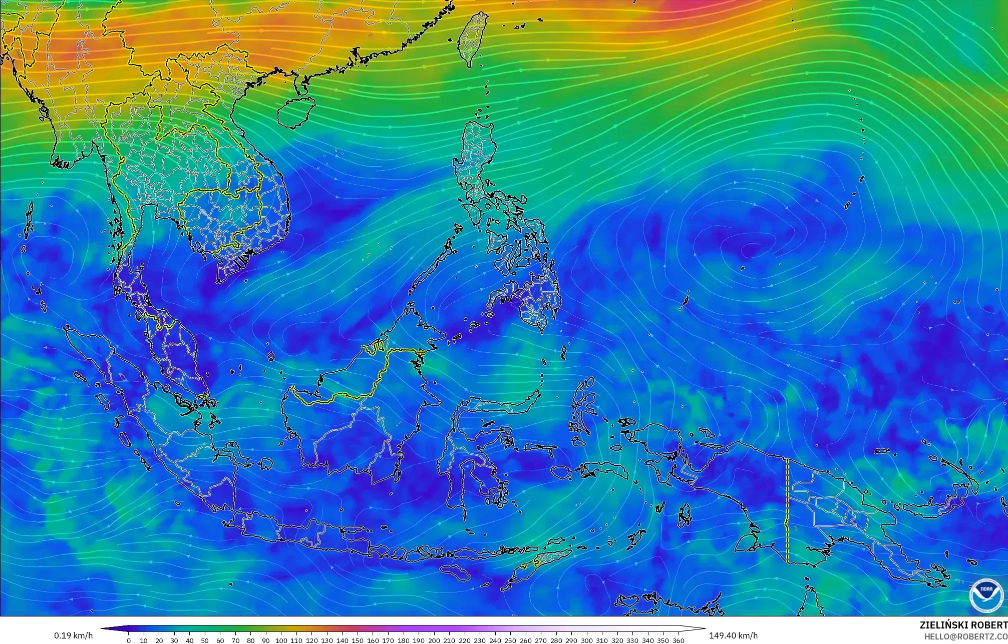 GFS modelo - Sudeste Asiático, Viento a 300 hPa (corriente en chorro)