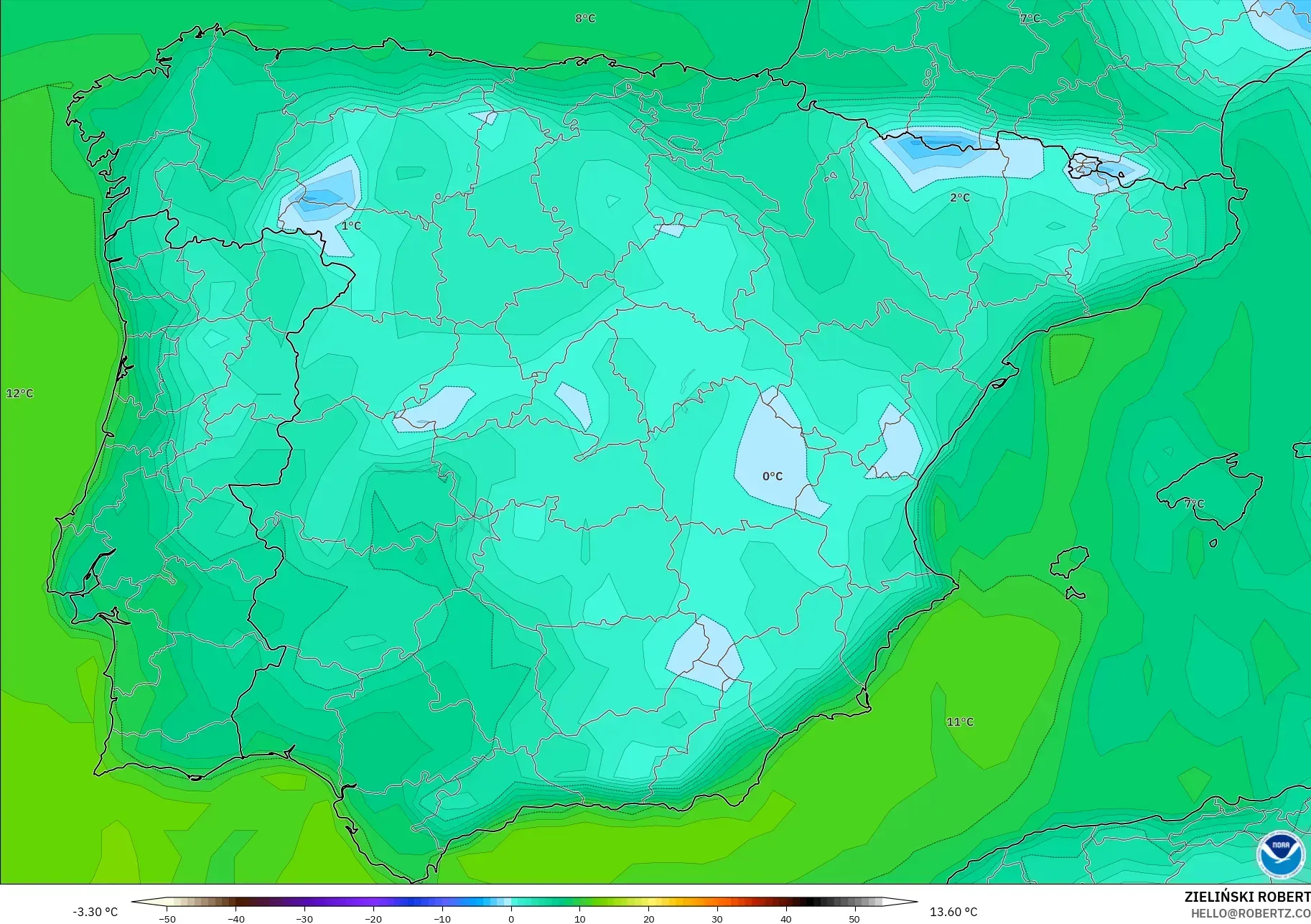 GFS modelo - España, Punto de rocío a 2 m