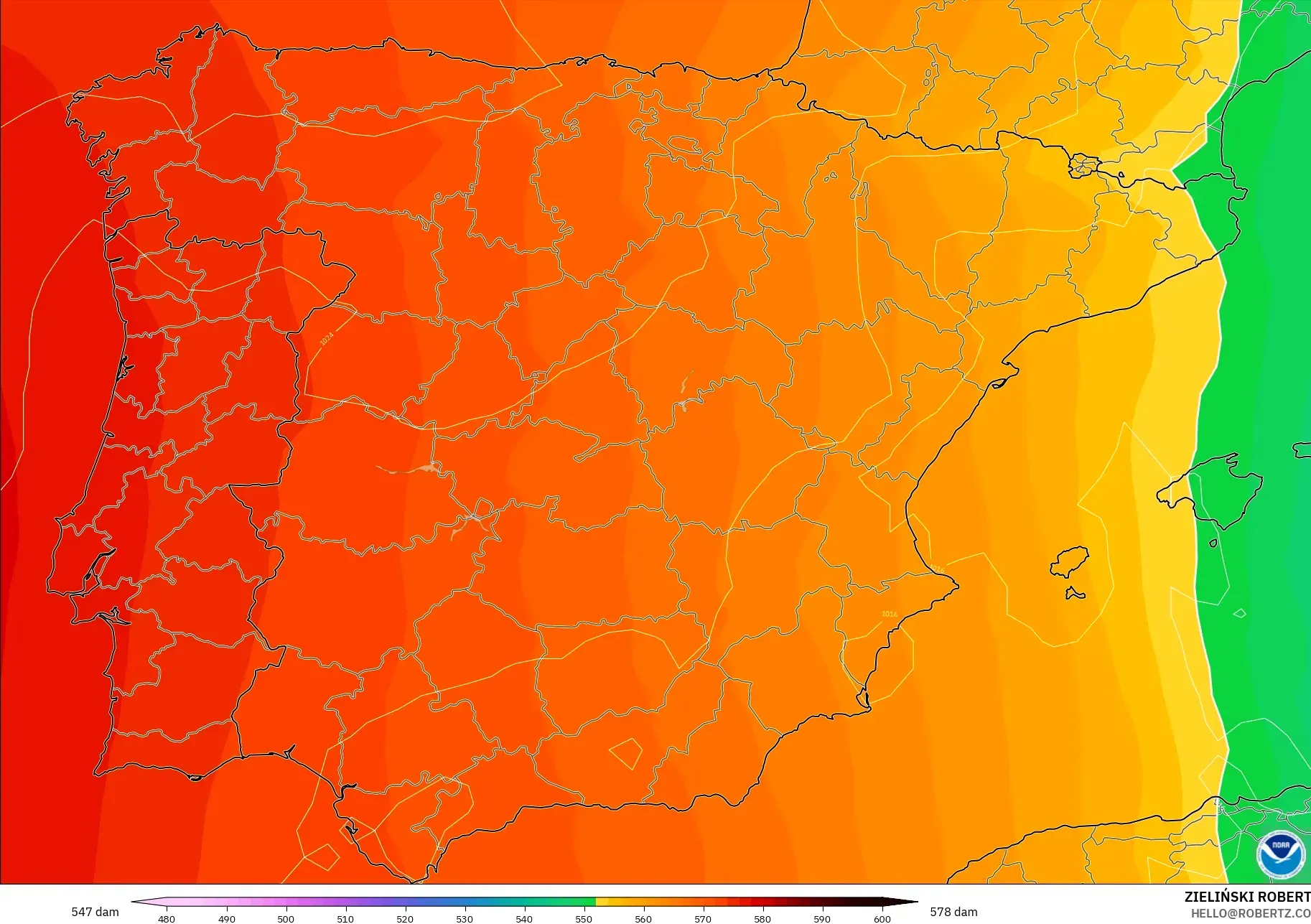 GFS modelo - España, Altura geopotencial a 500 hPa