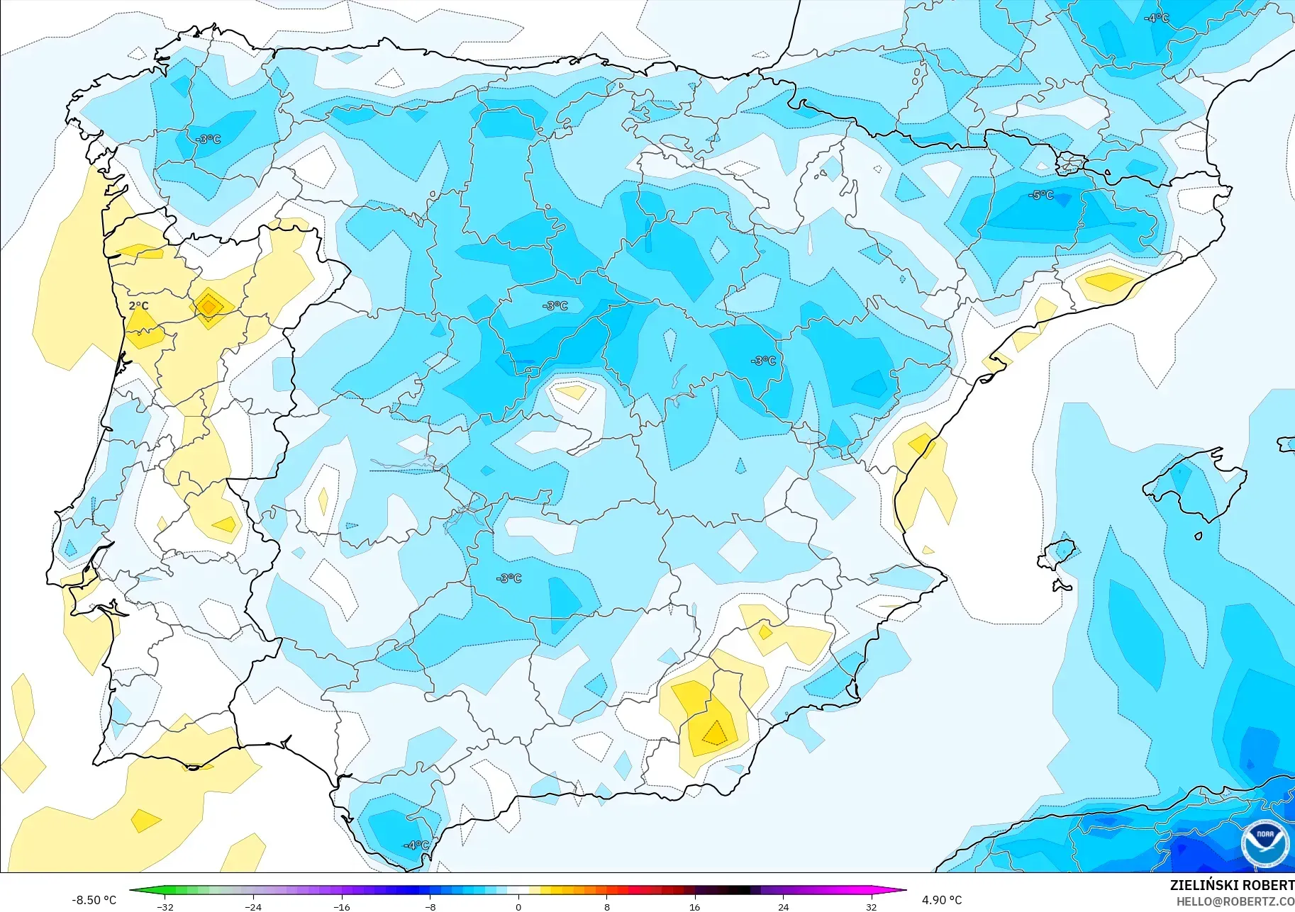 GFS modelo - España, Anomalía de temperatura a 2 m