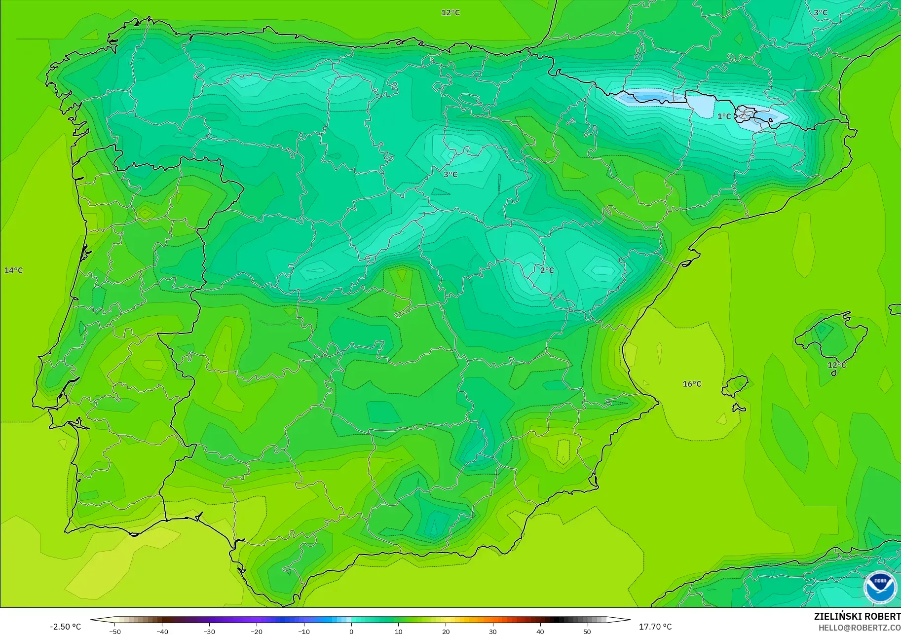 GFS modelo - España, Temperatura a 2 m