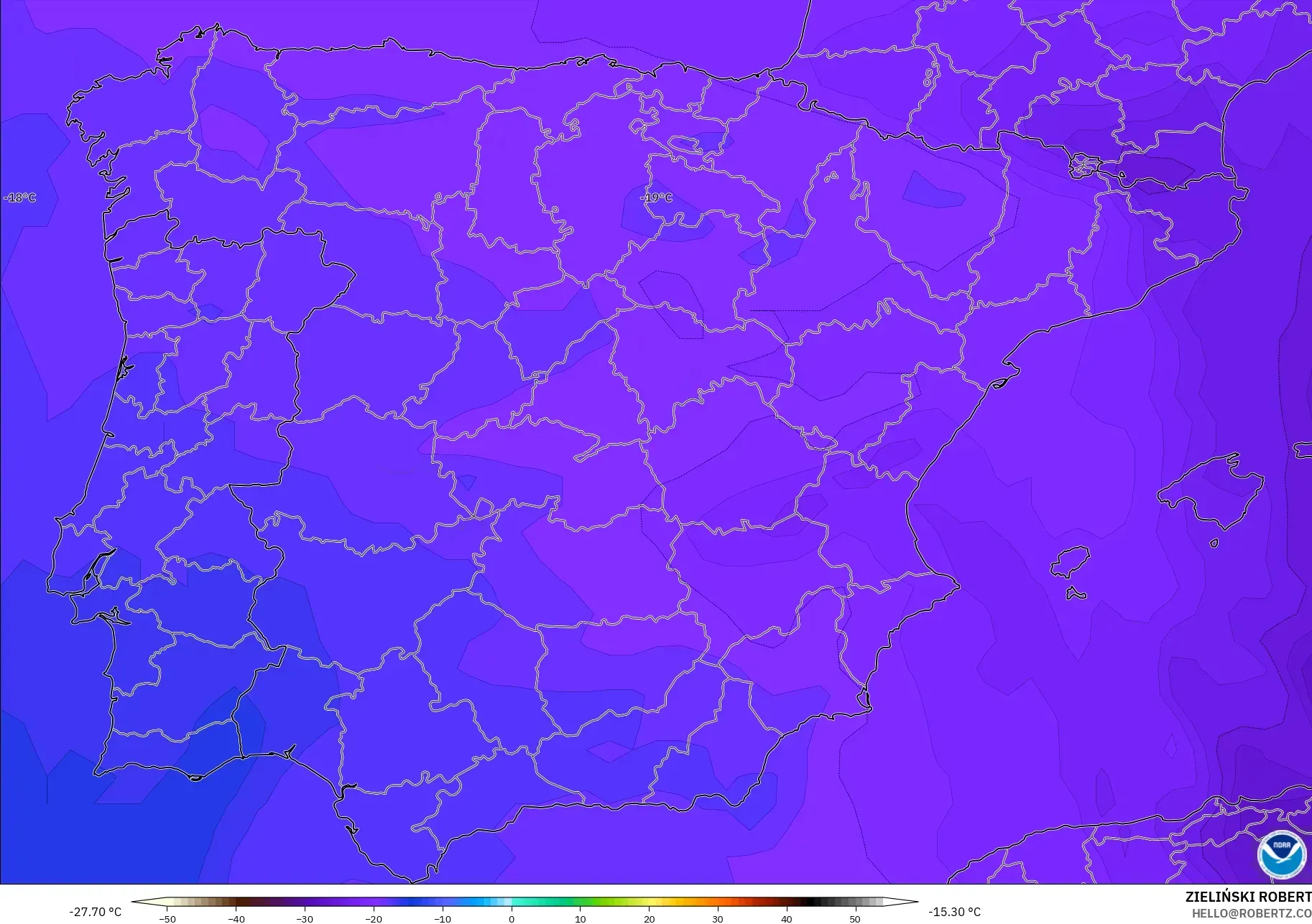 GFS modelo - España, Temperatura a 500 hPa