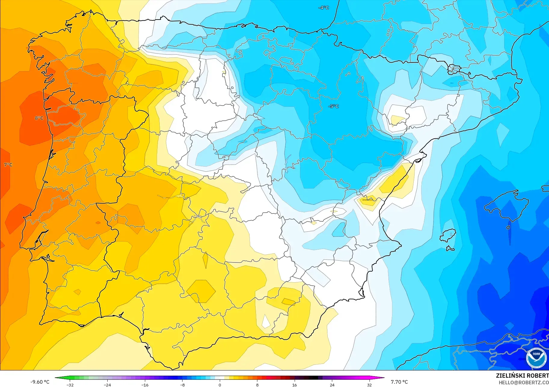GFS modelo - España, Anomalía de temperatura a 850 hPa
