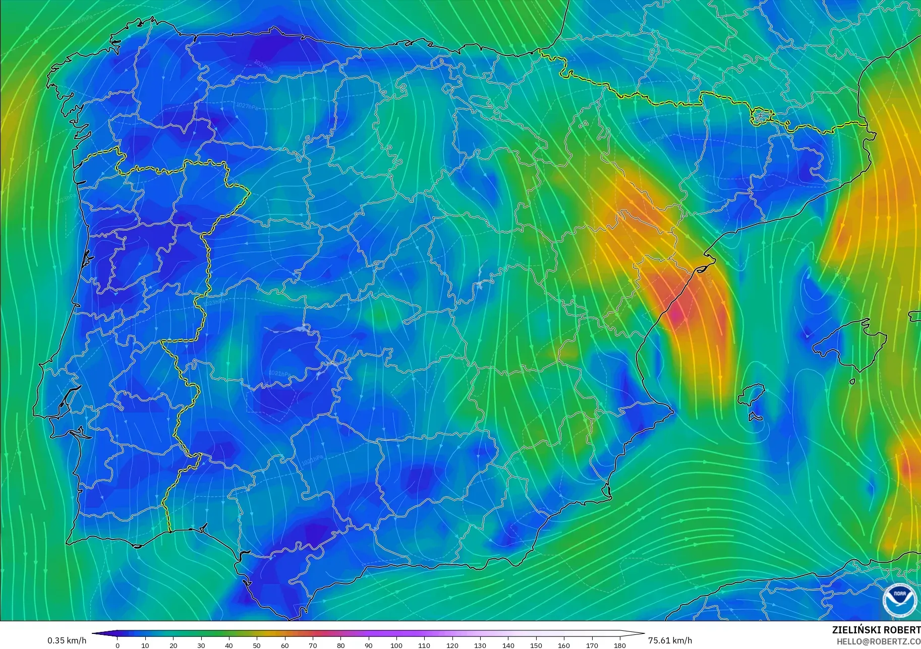 GFS modelo - España, Viento a 10 m