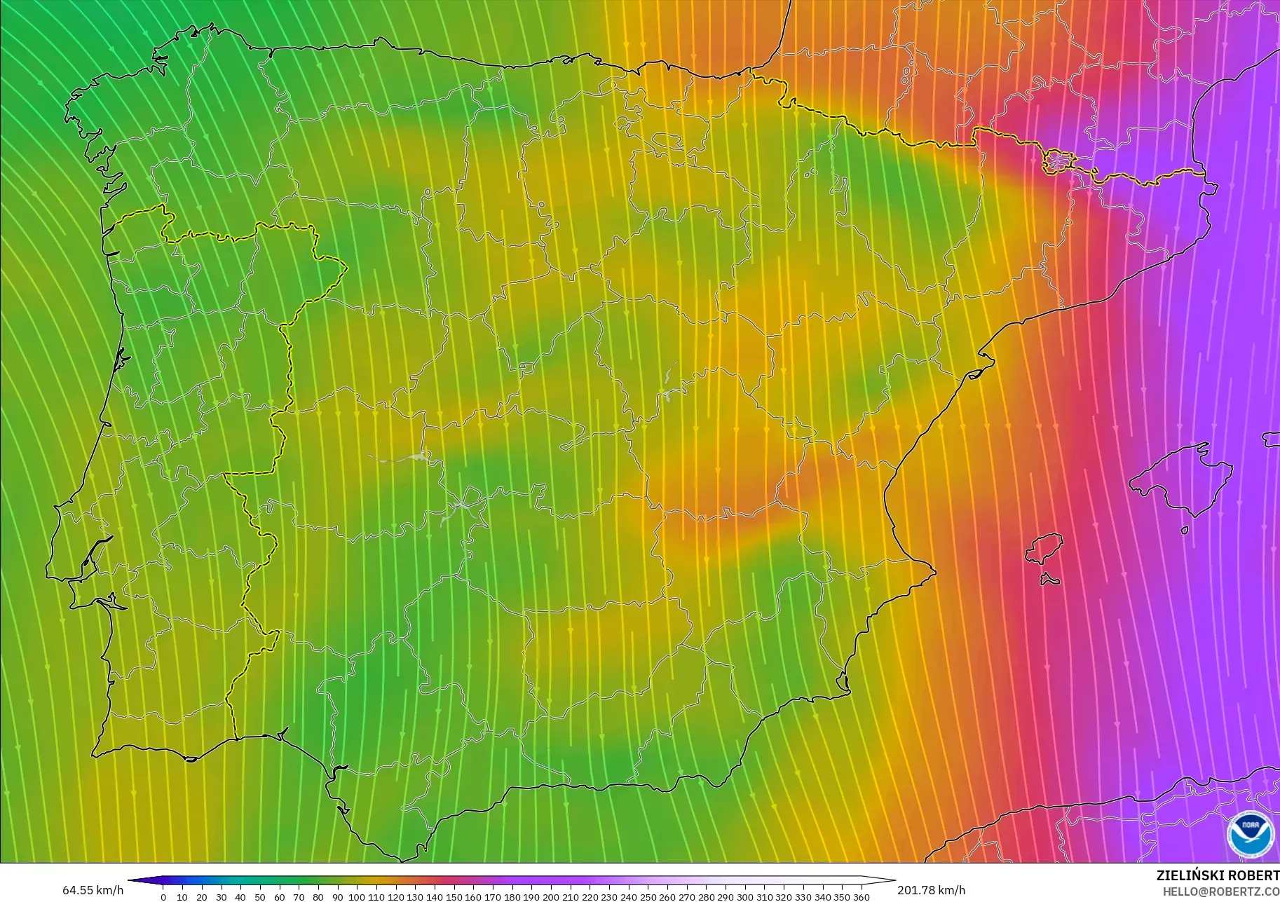 GFS modelo - España, Viento a 300 hPa (corriente en chorro)