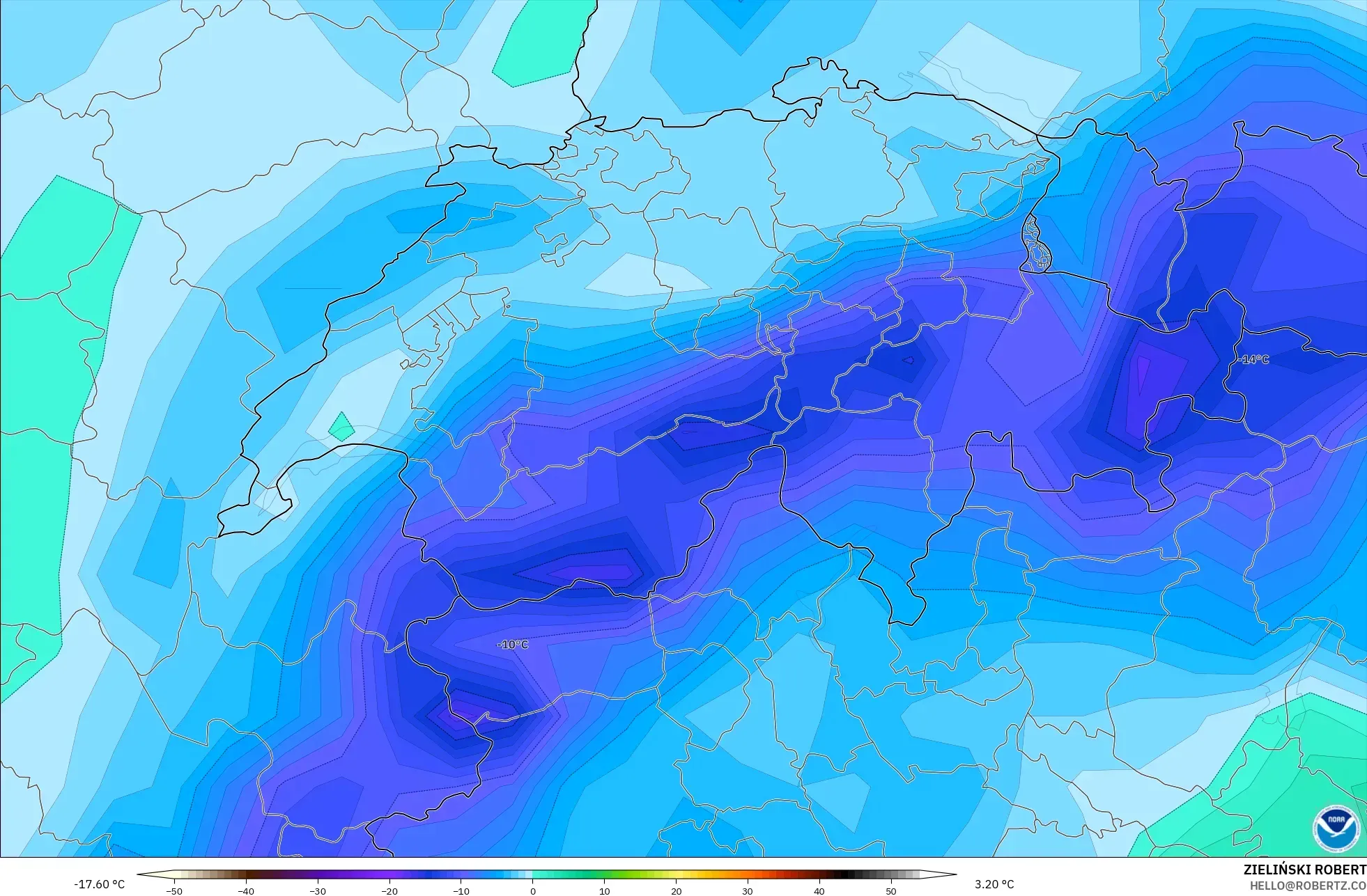 GFS modelo - Suiza, Punto de rocío a 2 m