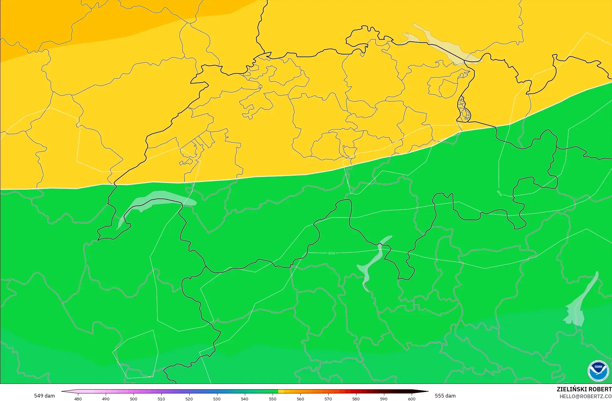 GFS modelo - Suiza, Altura geopotencial a 500 hPa