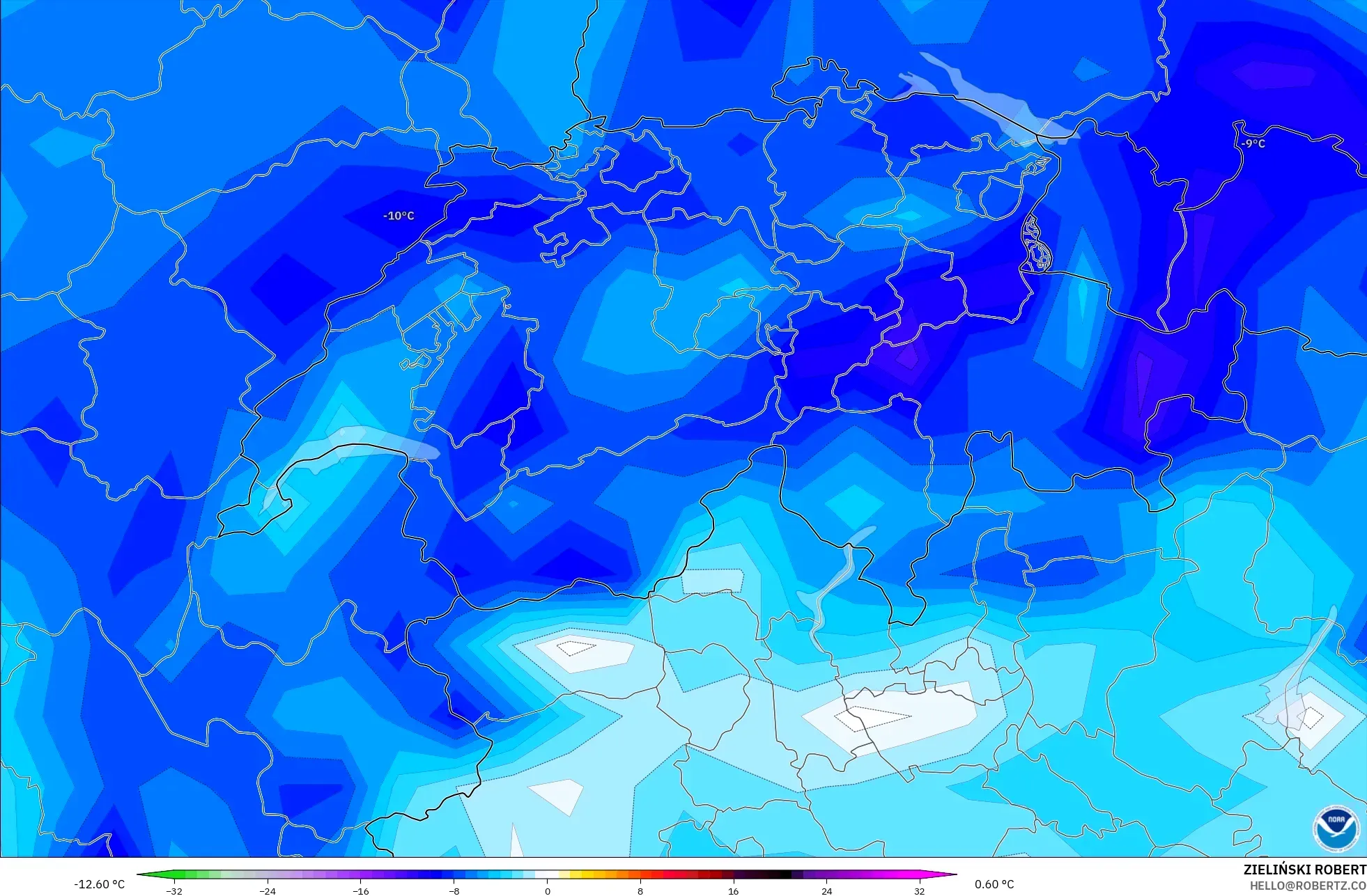 GFS modelo - Suiza, Anomalía de temperatura a 2 m