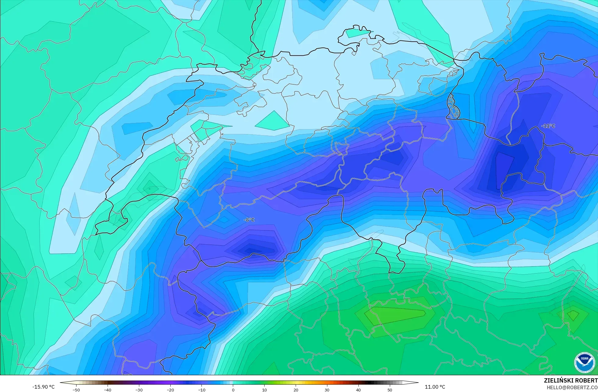 GFS modelo - Suiza, Temperatura a 2 m