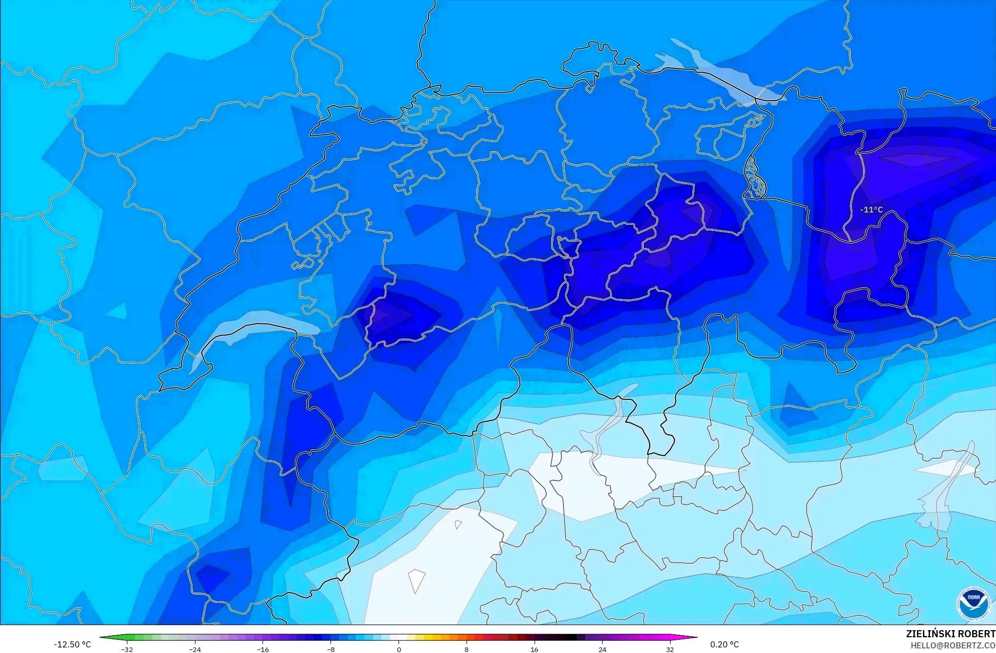 GFS modelo - Suiza, Anomalía de temperatura a 850 hPa