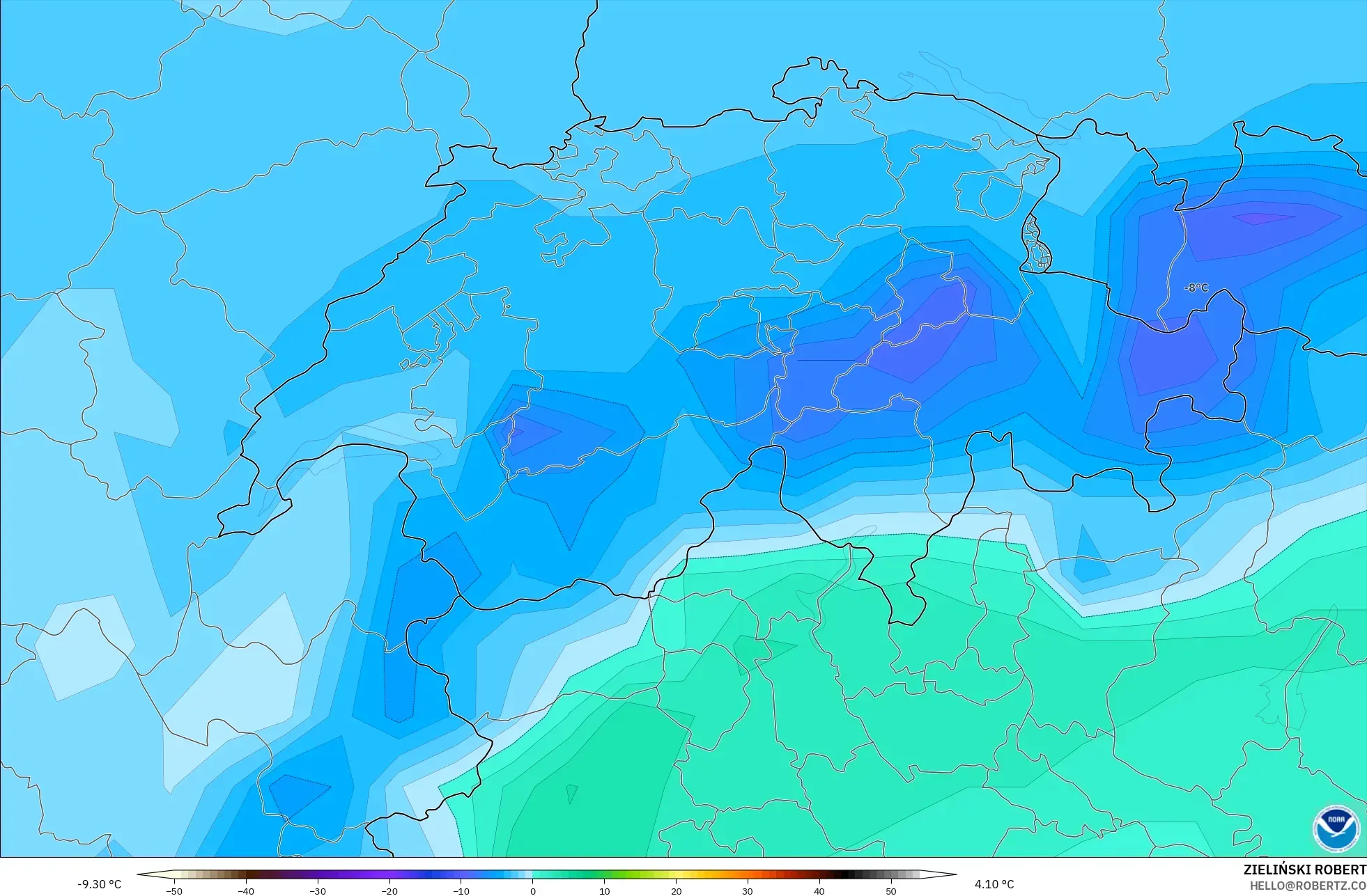 GFS modelo - Suiza, Temperatura a 850 hPa