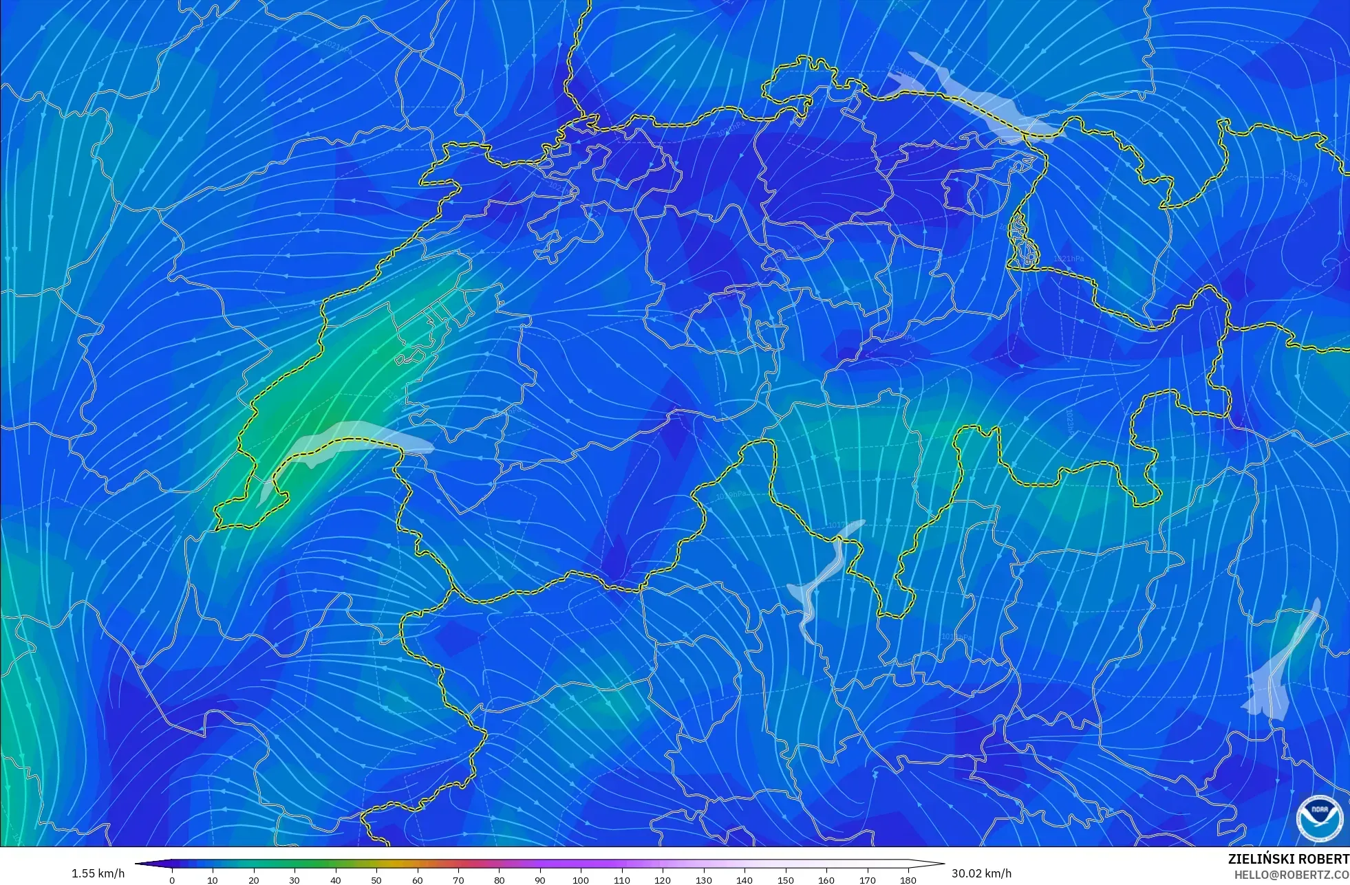 GFS modelo - Suiza, Viento a 10 m