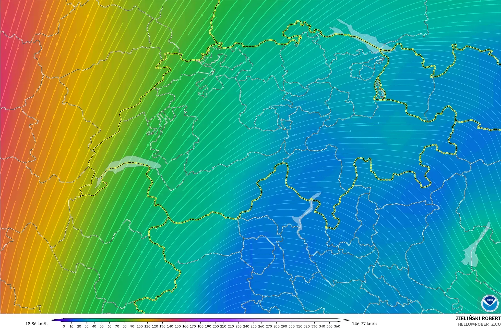 GFS modelo - Suiza, Viento a 300 hPa (corriente en chorro)