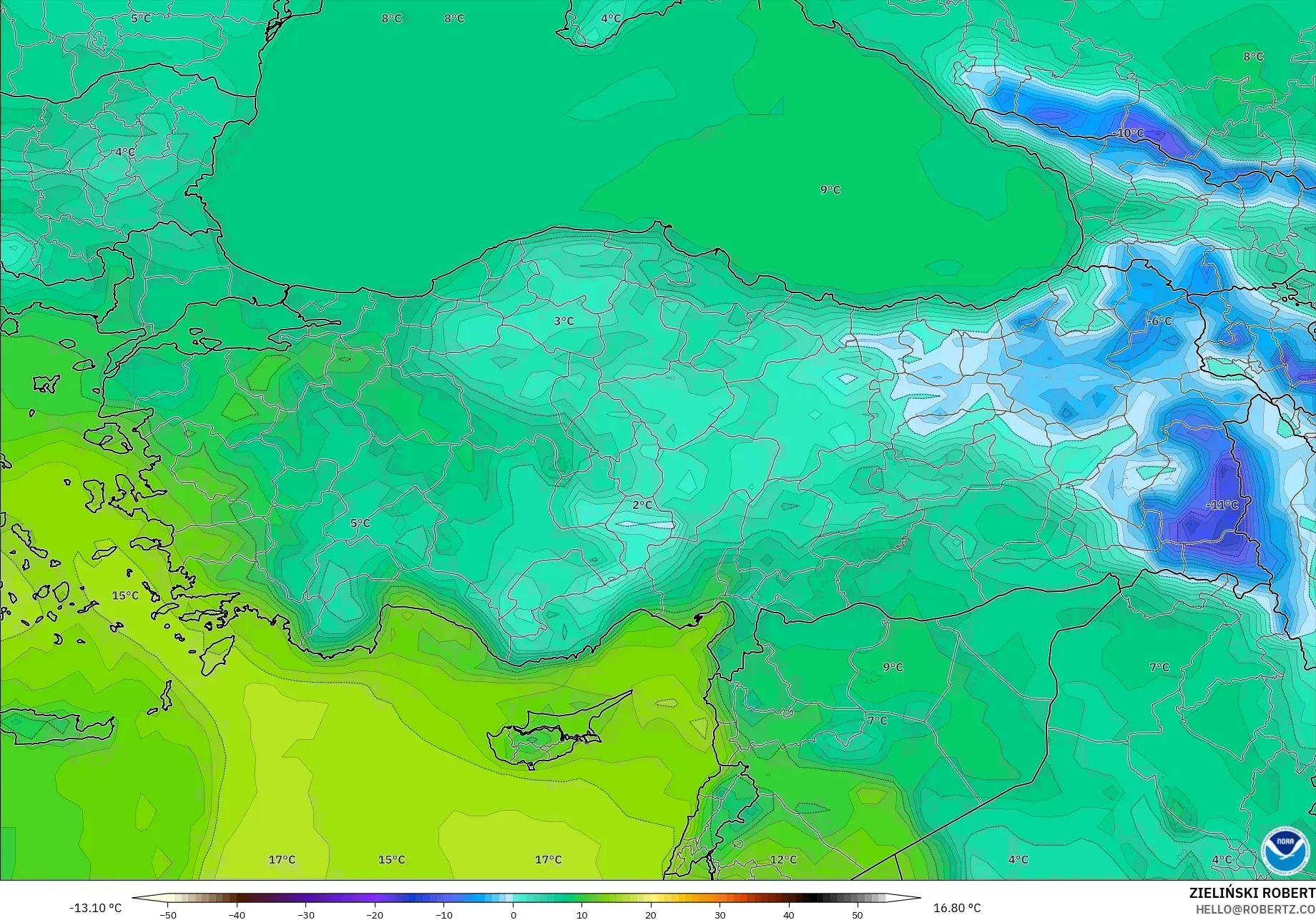 GFS modelo - Turquía, Punto de rocío a 2 m