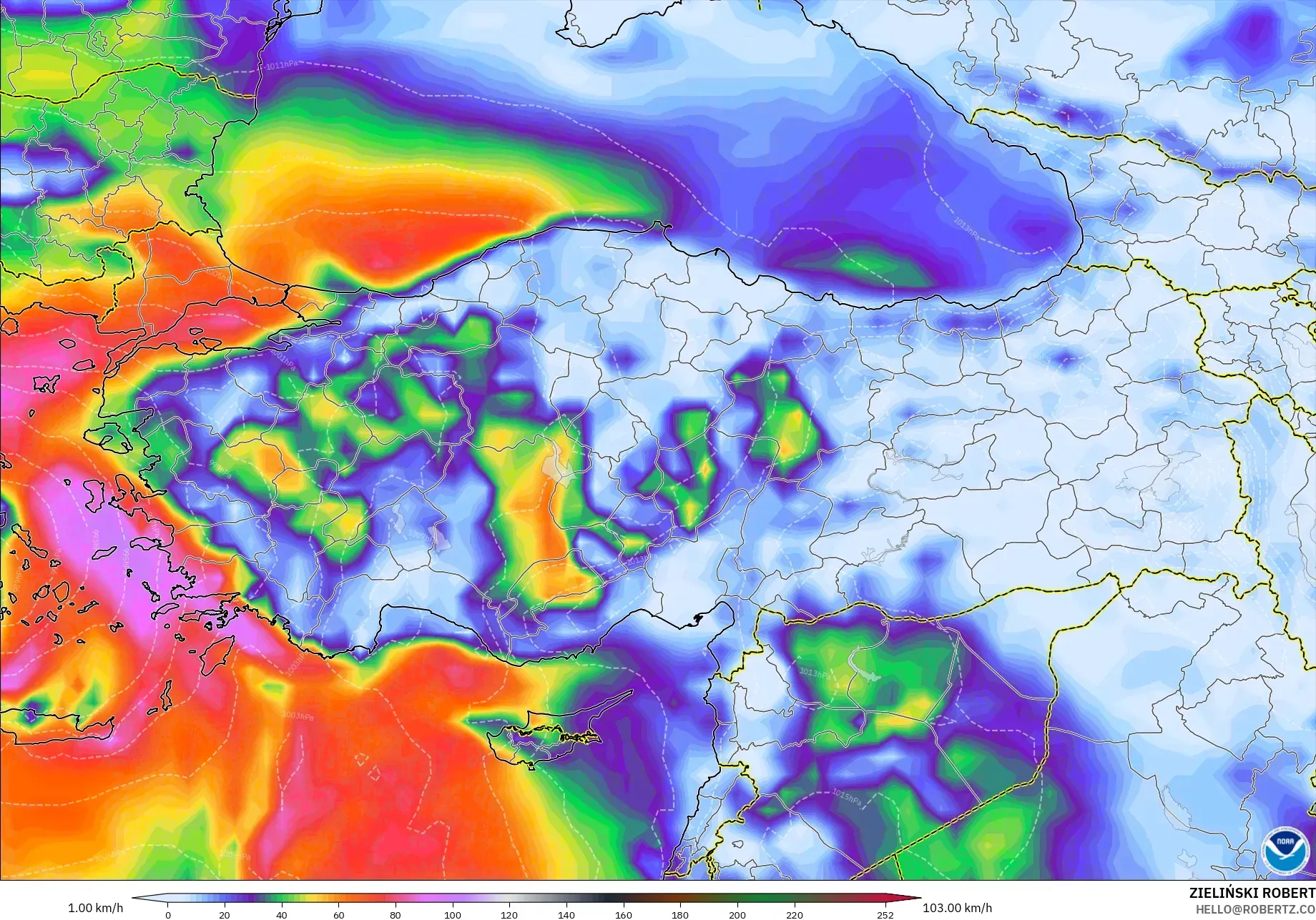 GFS modelo - Turquía, Ráfagas de Viento Máximas