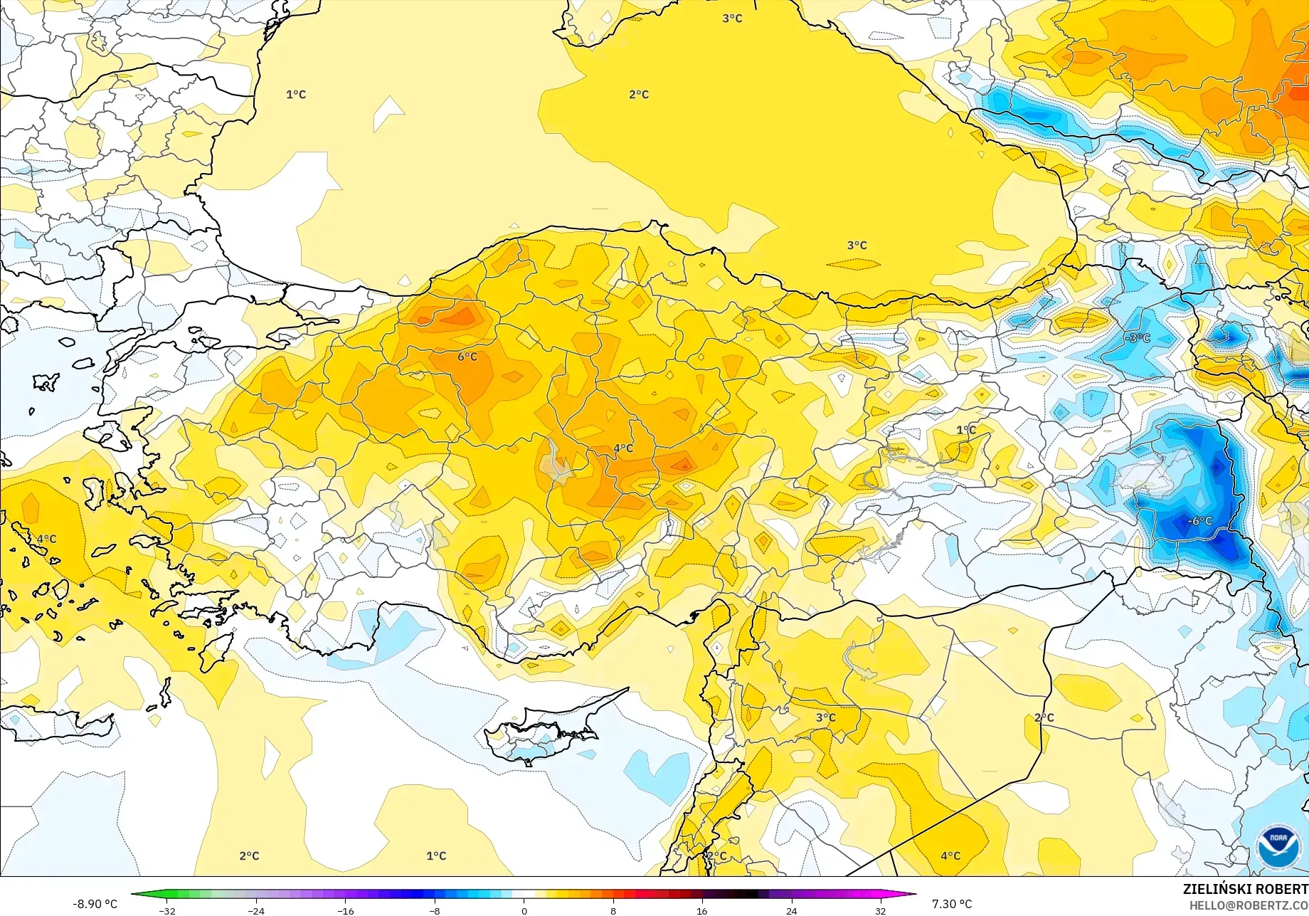 GFS modelo - Turquía, Anomalía de temperatura a 2 m