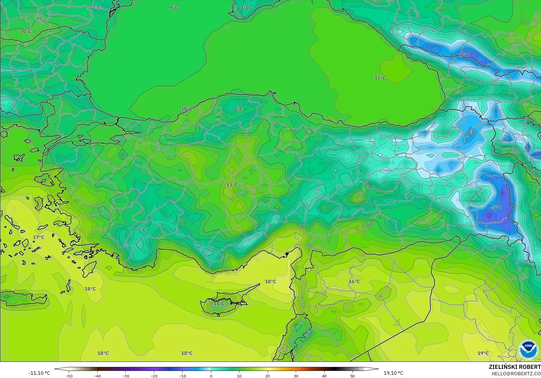 GFS modelo - Turquía, Temperatura a 2 m
