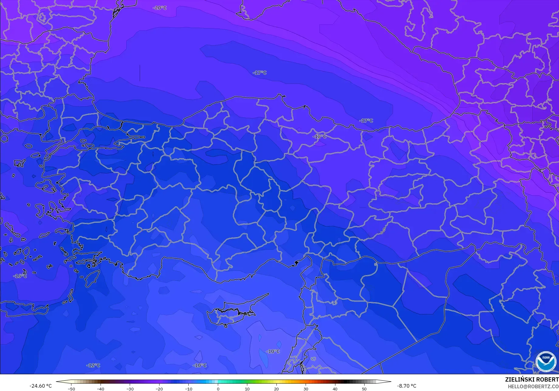 GFS modelo - Turquía, Temperatura a 500 hPa