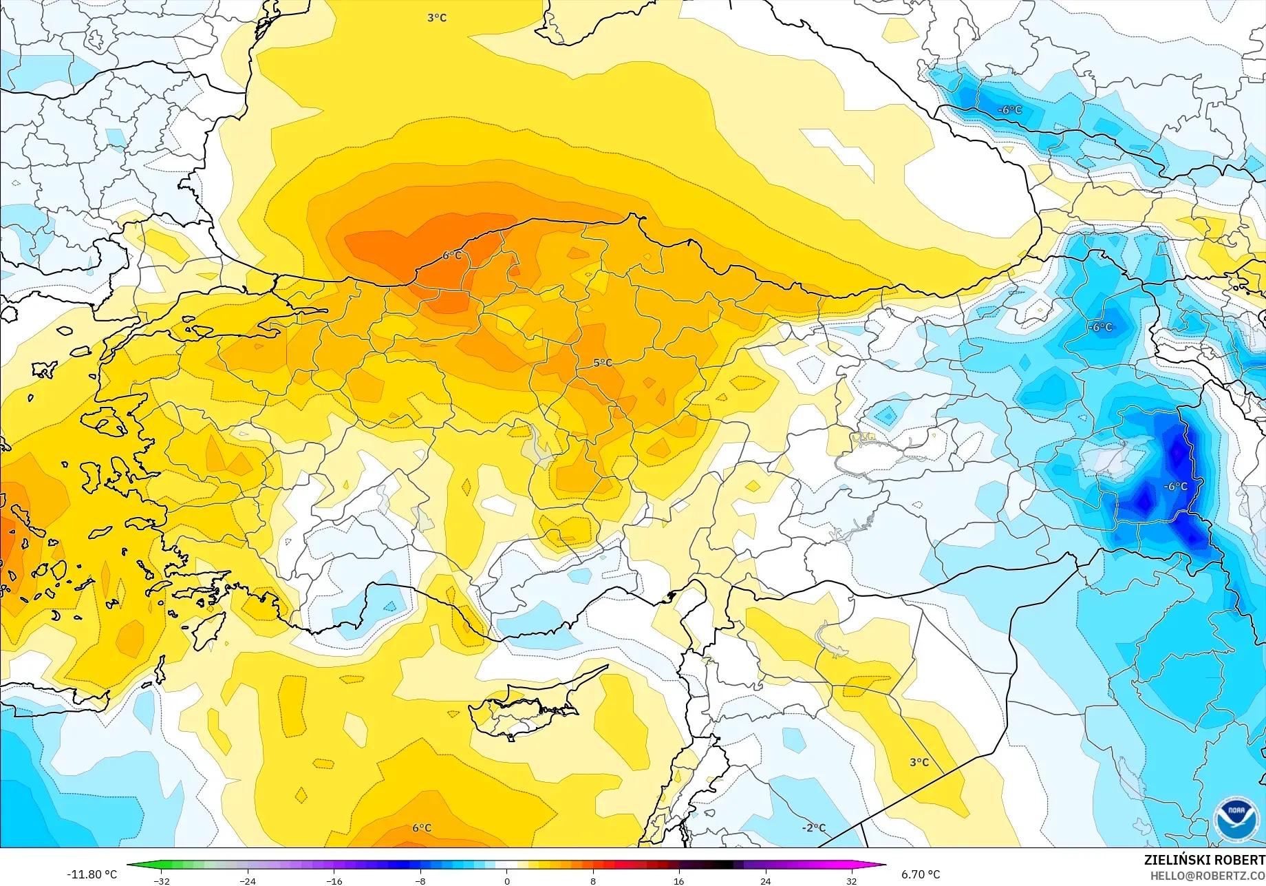 GFS modelo - Turquía, Anomalía de temperatura a 850 hPa
