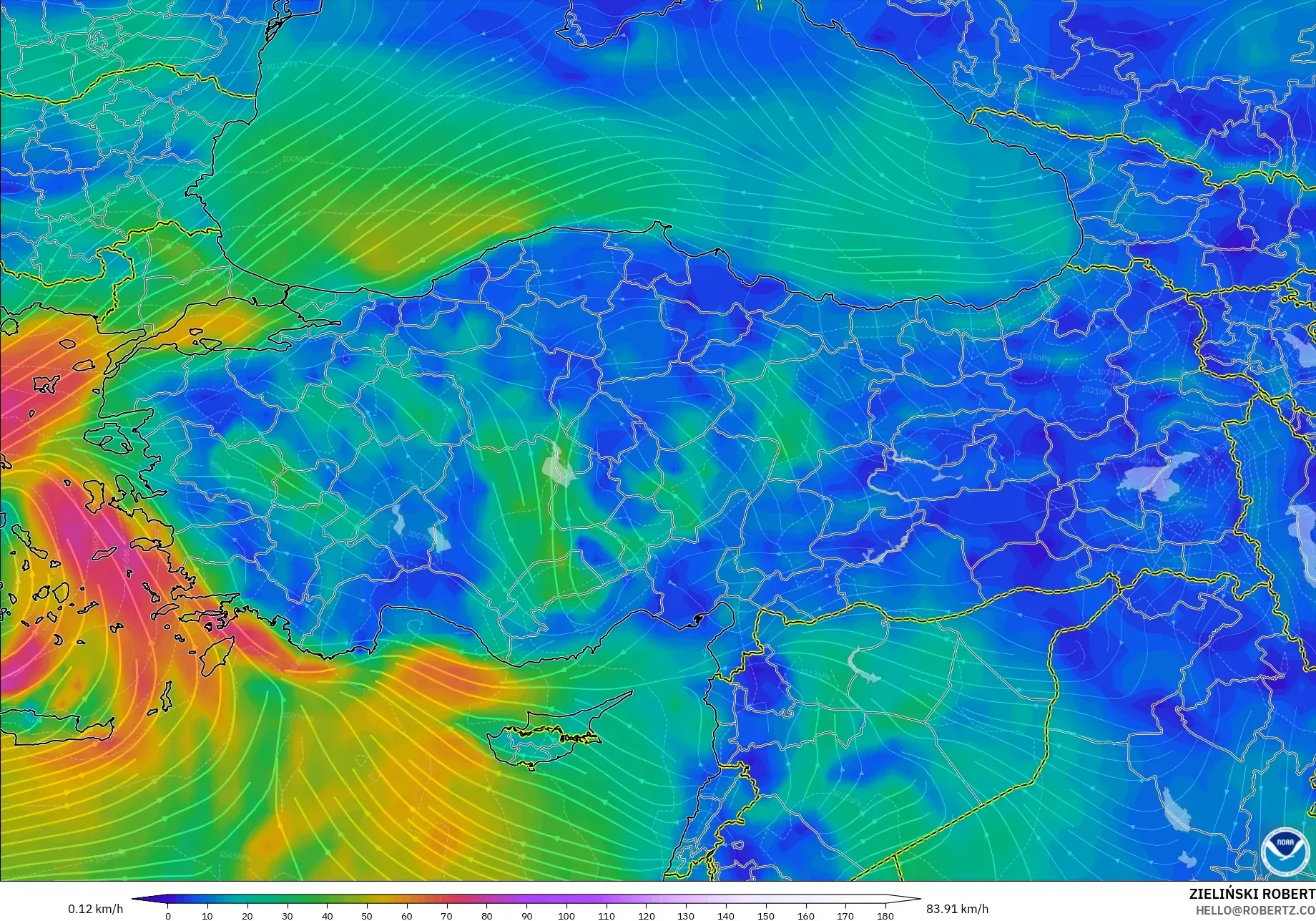 GFS modelo - Turquía, Viento a 10 m