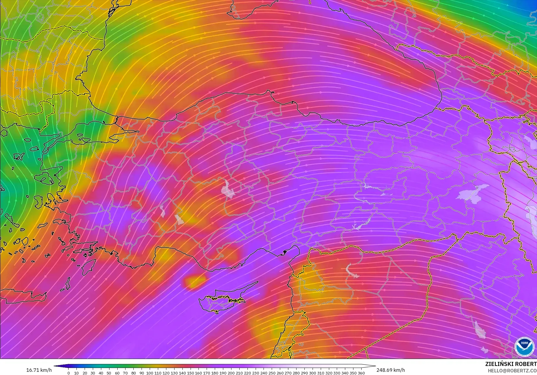 GFS modelo - Turquía, Viento a 300 hPa (corriente en chorro)