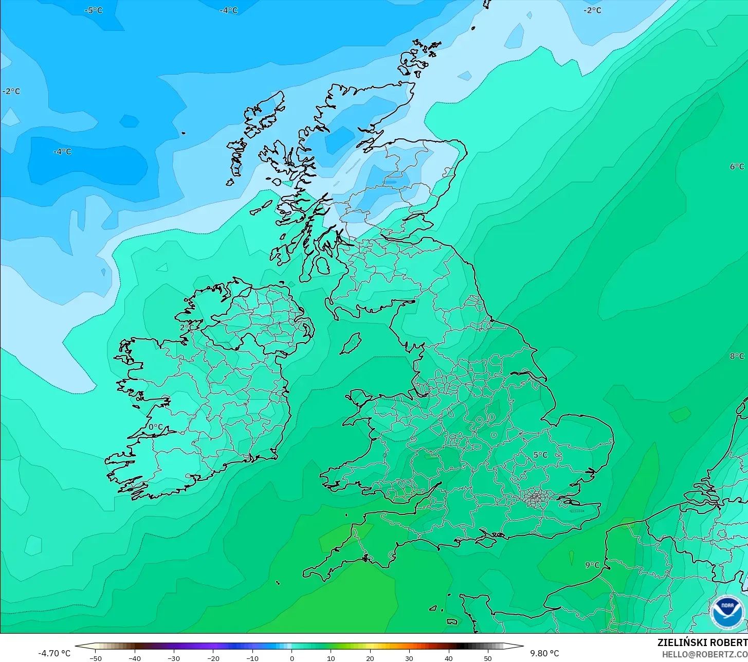 GFS modelo - Reino Unido, Punto de rocío a 2 m
