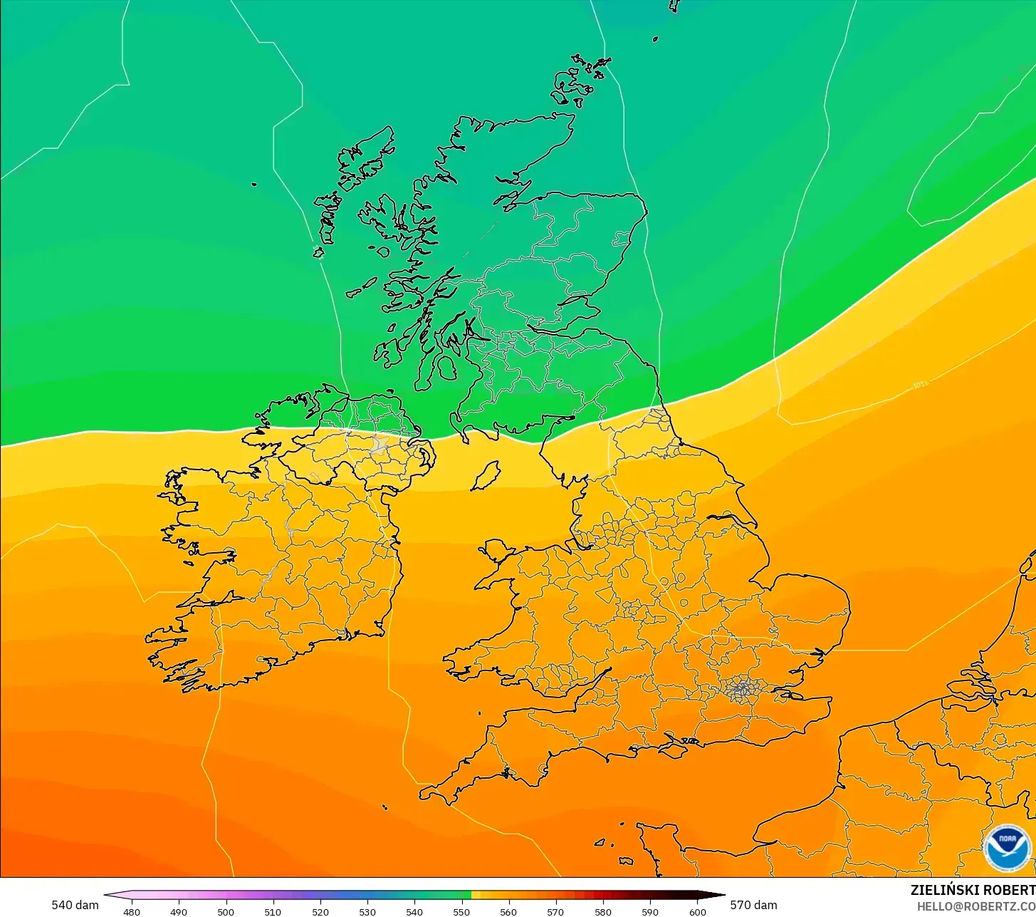 GFS modelo - Reino Unido, Altura geopotencial a 500 hPa