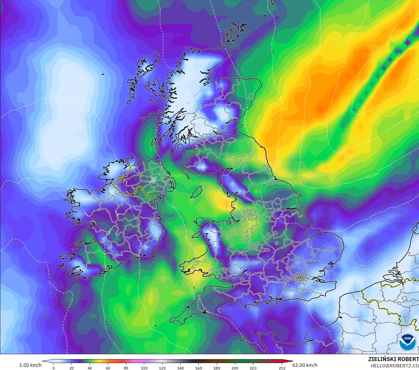 GFS modelo - Reino Unido, Ráfagas de viento