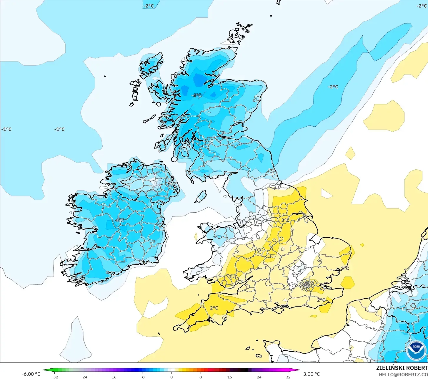 GFS modelo - Reino Unido, Anomalía de temperatura a 2 m