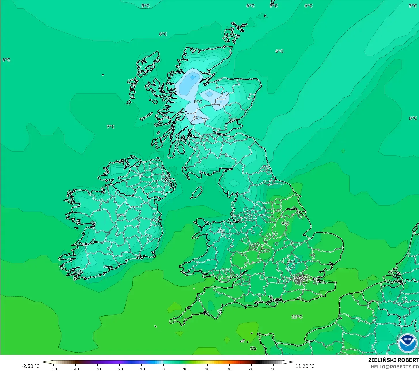 GFS modelo - Reino Unido, Temperatura a 2 m