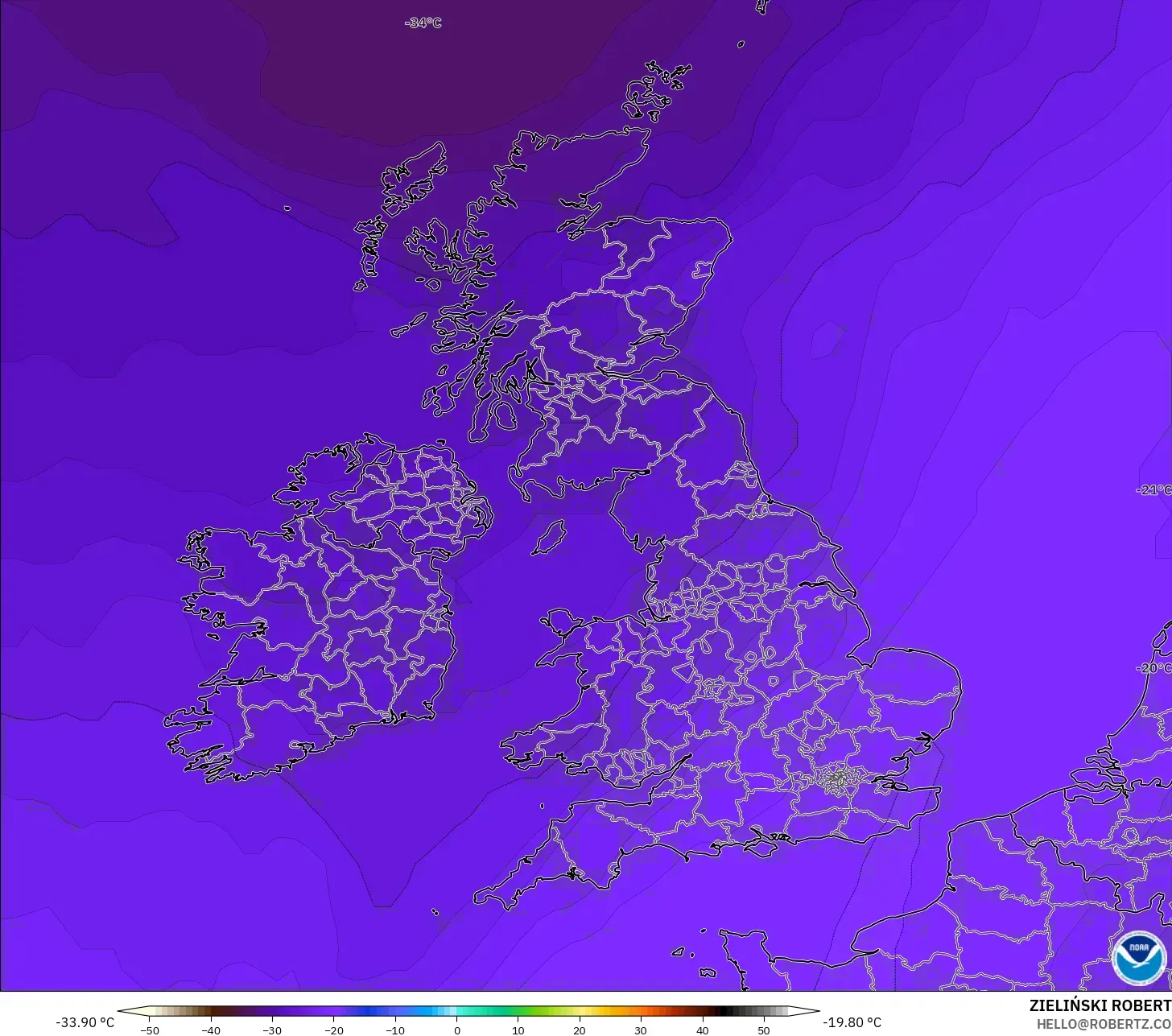 GFS modelo - Reino Unido, Temperatura a 500 hPa