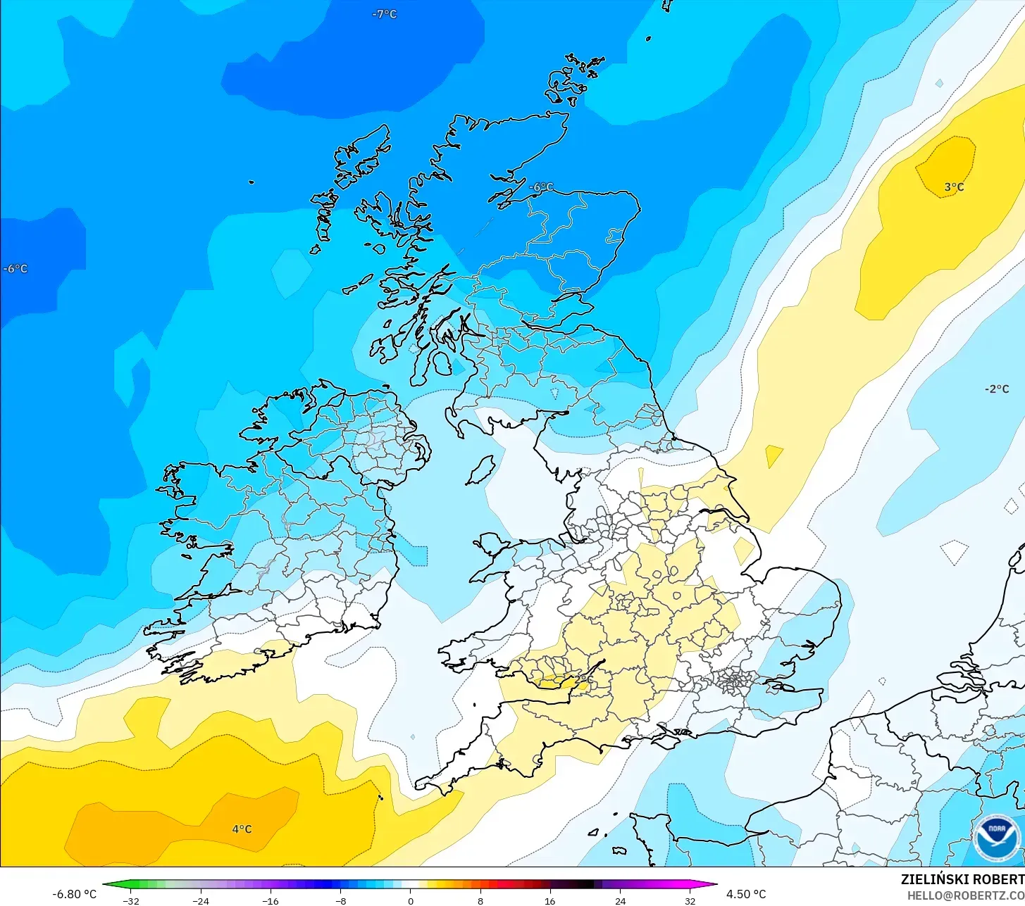 GFS modelo - Reino Unido, Anomalía de temperatura a 850 hPa