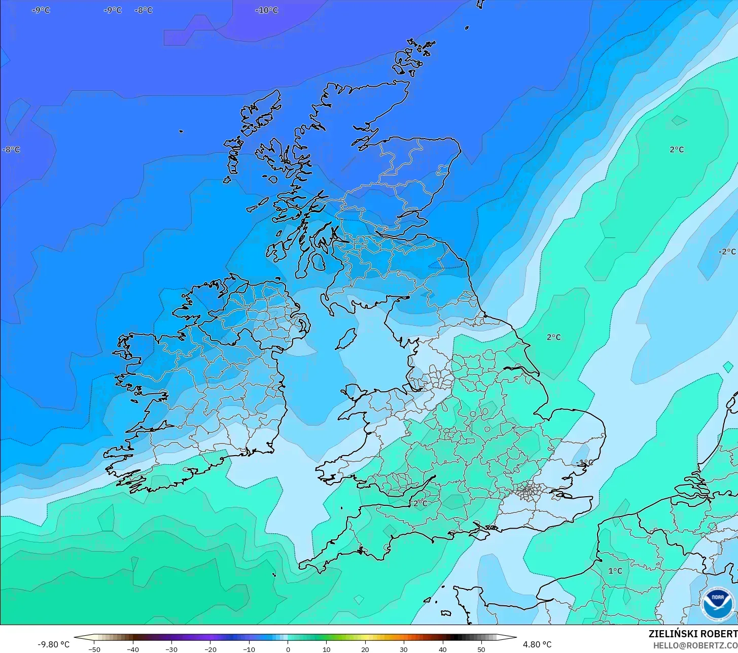 GFS modelo - Reino Unido, Temperatura a 850 hPa
