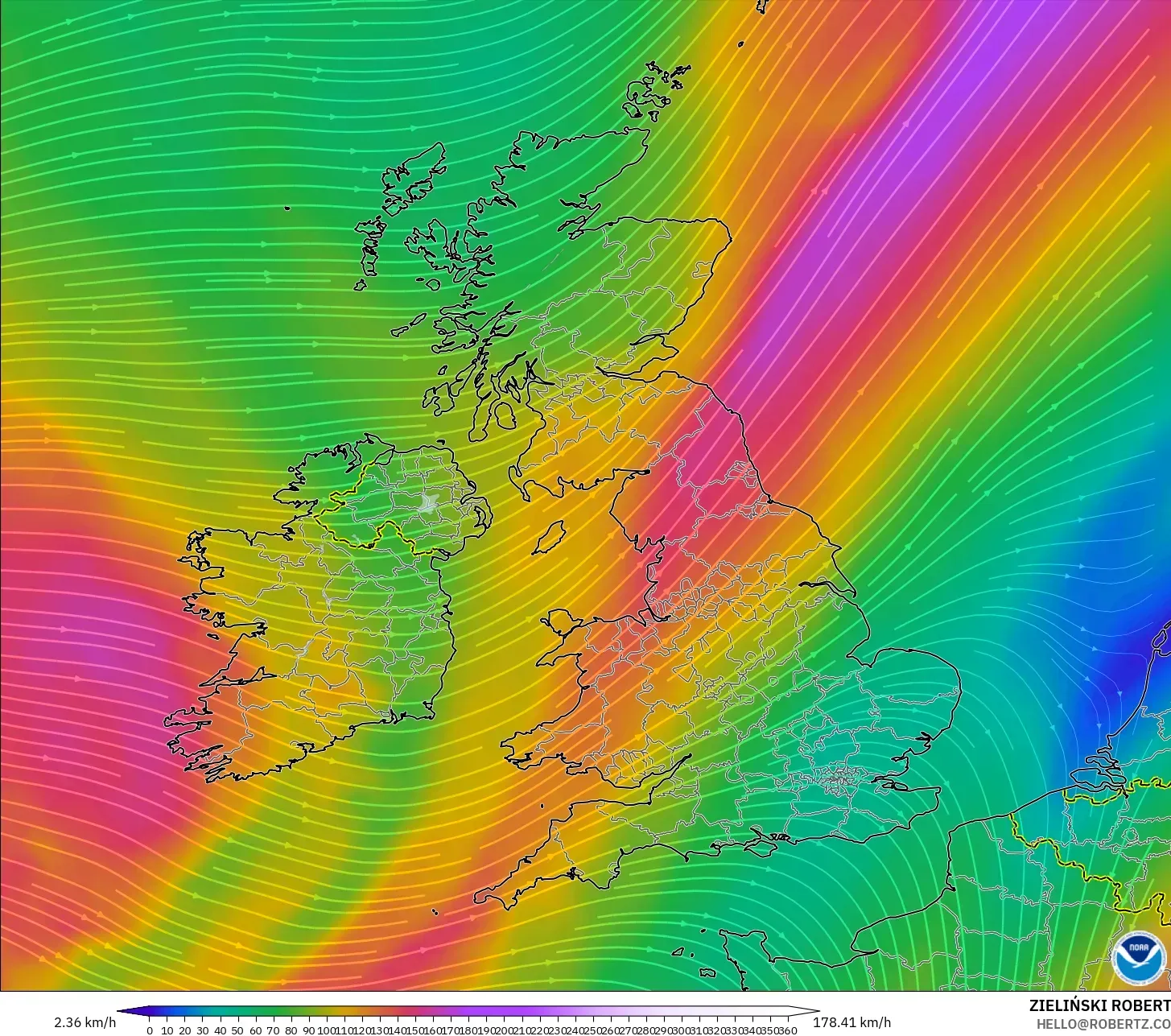 GFS modelo - Reino Unido, Viento a 300 hPa (corriente en chorro)