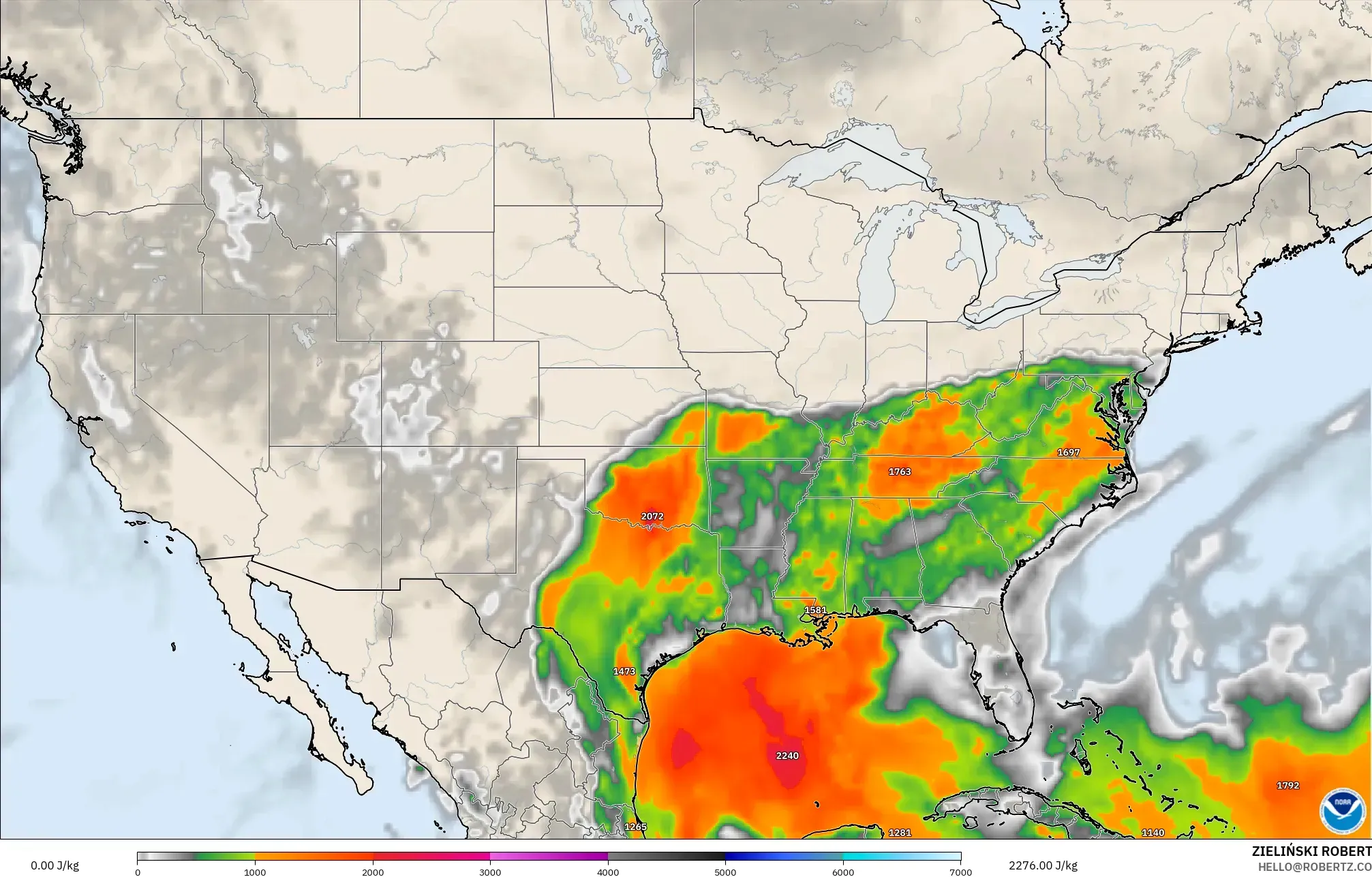 GFS modelo - Estados Unidos, CAPE