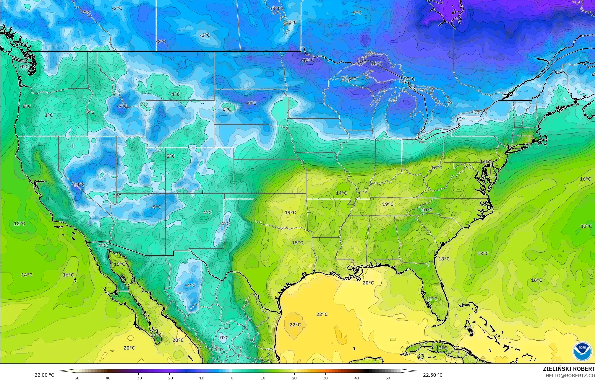 GFS modelo - Estados Unidos, Punto de rocío a 2 m