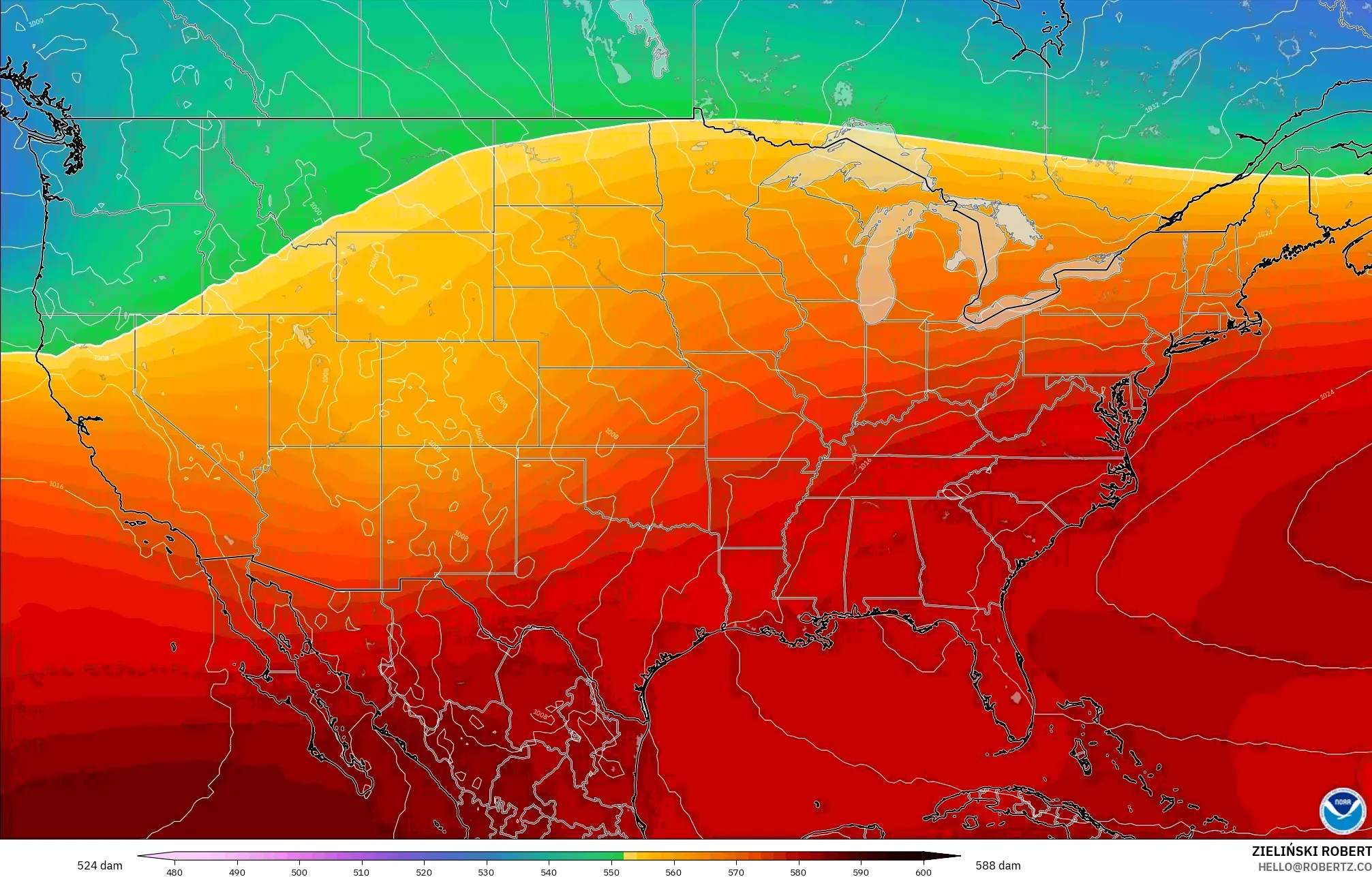 GFS modelo - Estados Unidos, Altura geopotencial a 500 hPa