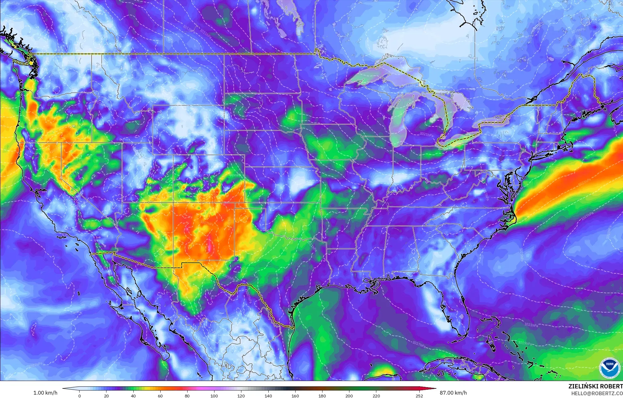 GFS modelo - Estados Unidos, Ráfagas de Viento Máximas