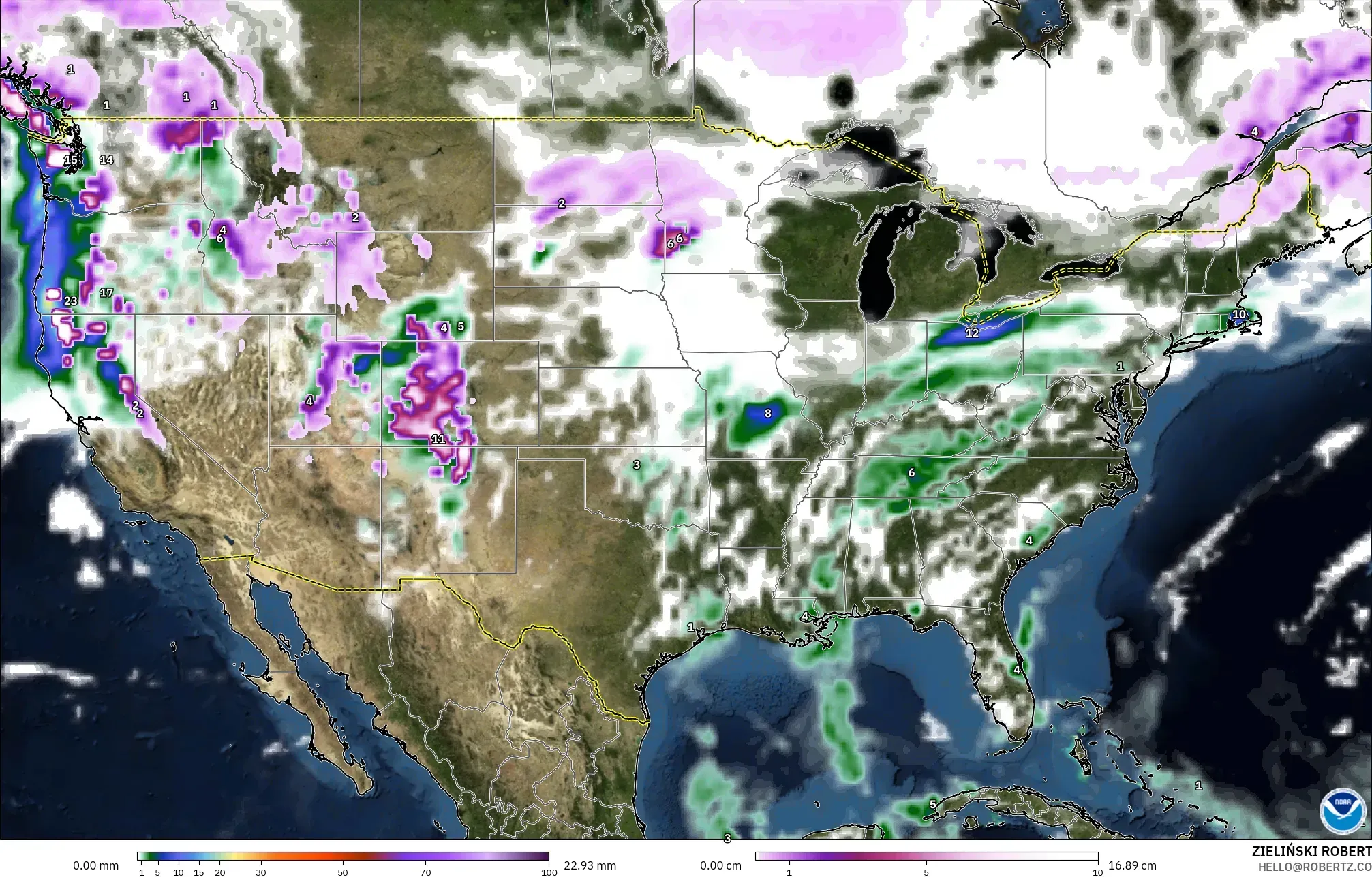 GFS modelo - Estados Unidos, Precipitación, nubes y presión