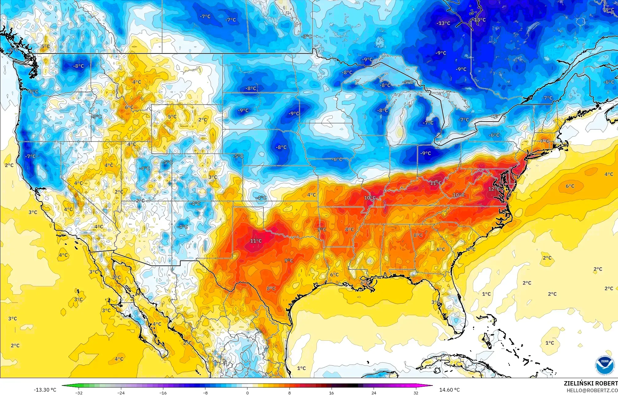 GFS modelo - Estados Unidos, Anomalía de temperatura a 2 m