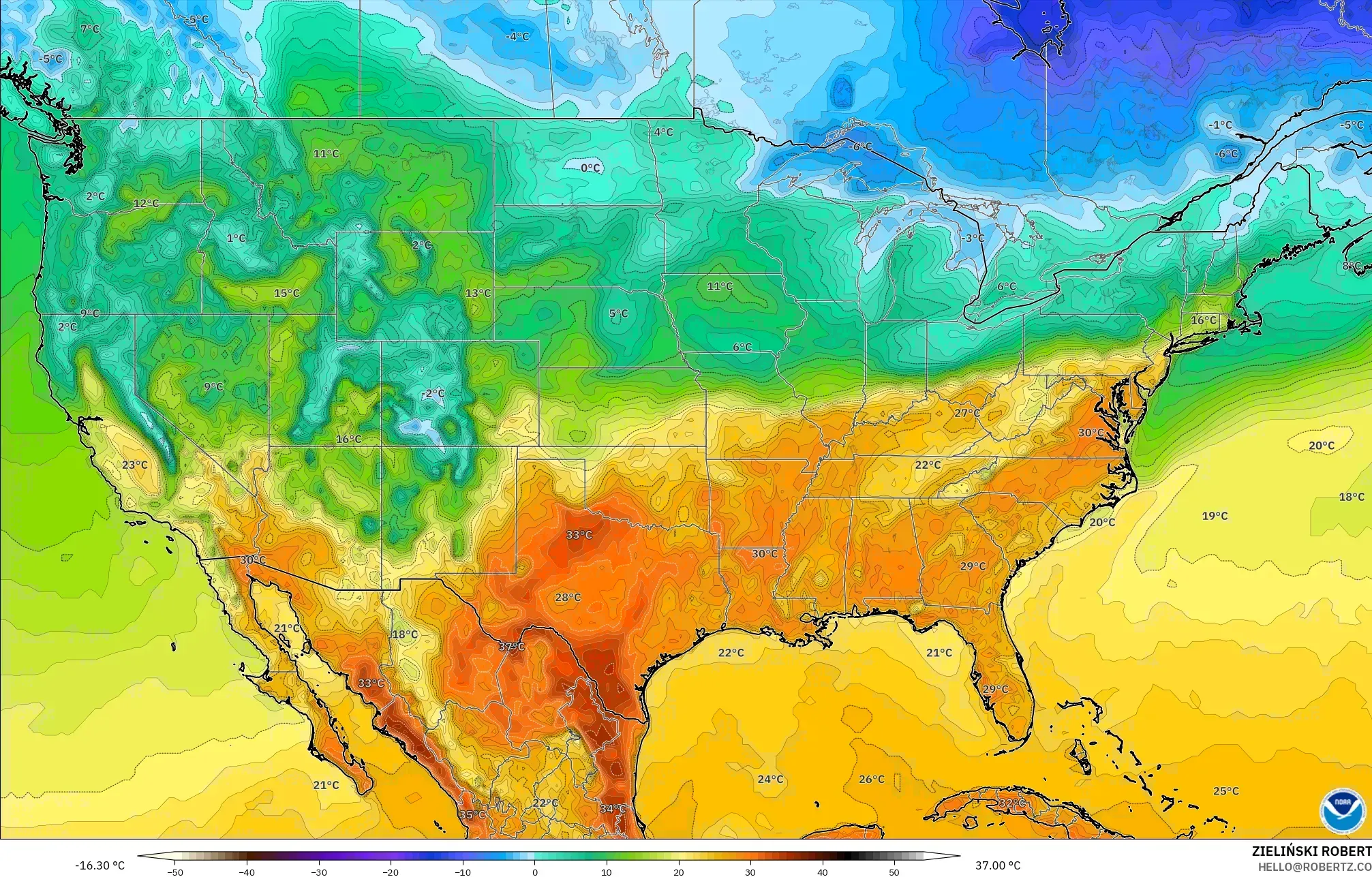 GFS modelo - Estados Unidos, Temperatura a 2 m