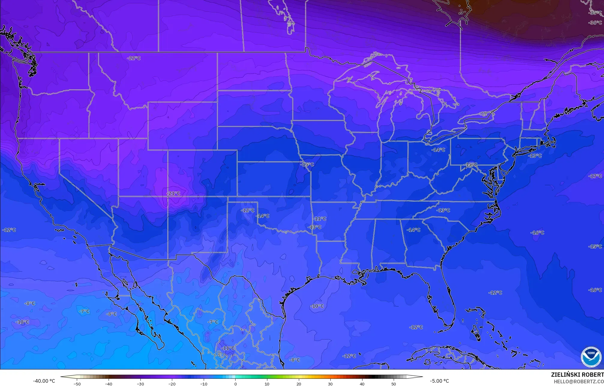 GFS modelo - Estados Unidos, Temperatura a 500 hPa