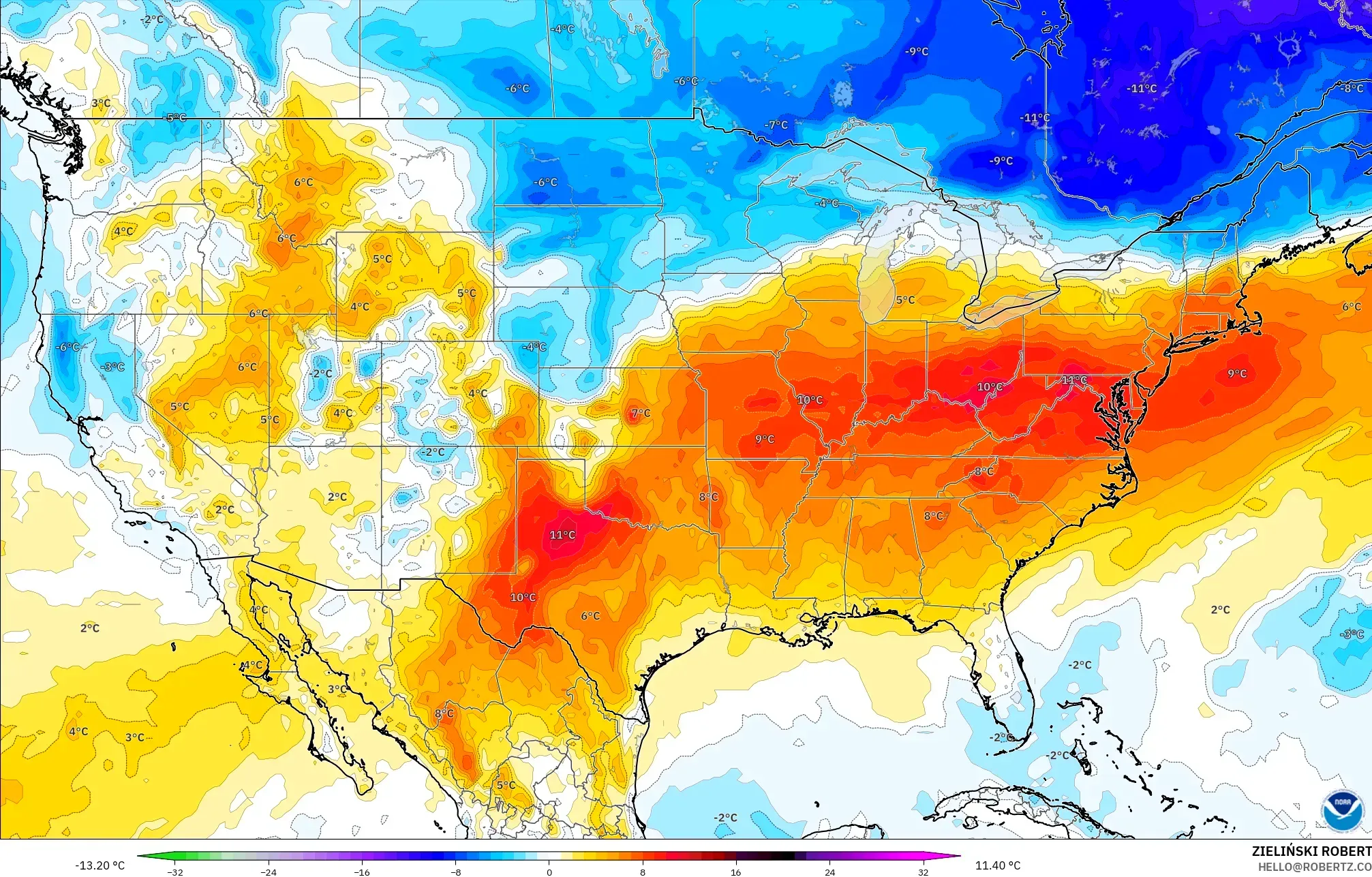 GFS modelo - Estados Unidos, Anomalía de temperatura a 850 hPa