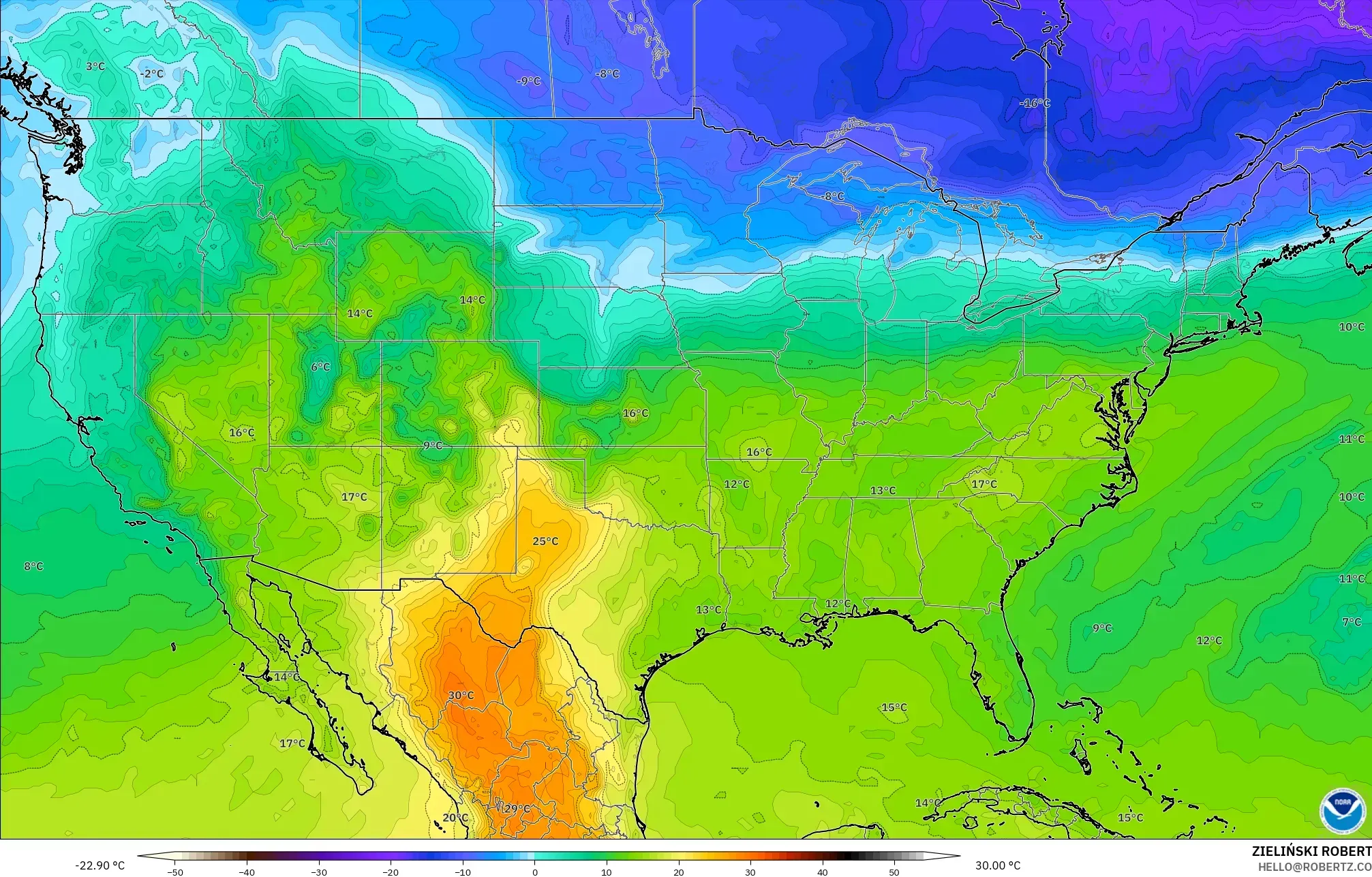 GFS modelo - Estados Unidos, Temperatura a 850 hPa