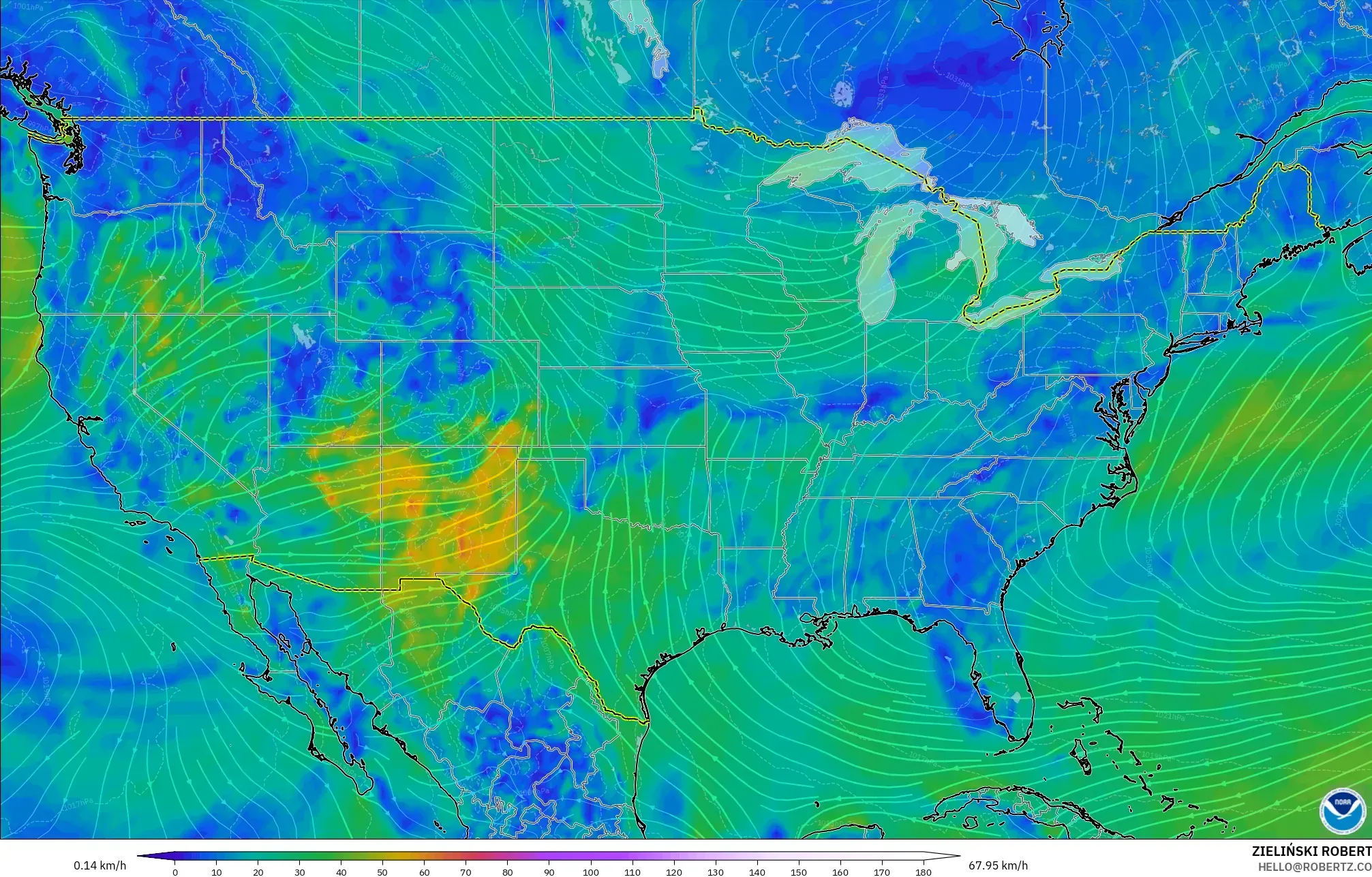 GFS modelo - Estados Unidos, Viento a 10 m