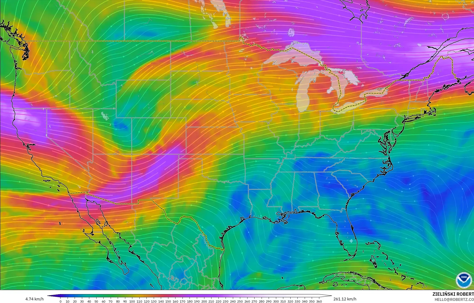 GFS modelo - Estados Unidos, Viento a 300 hPa (corriente en chorro)
