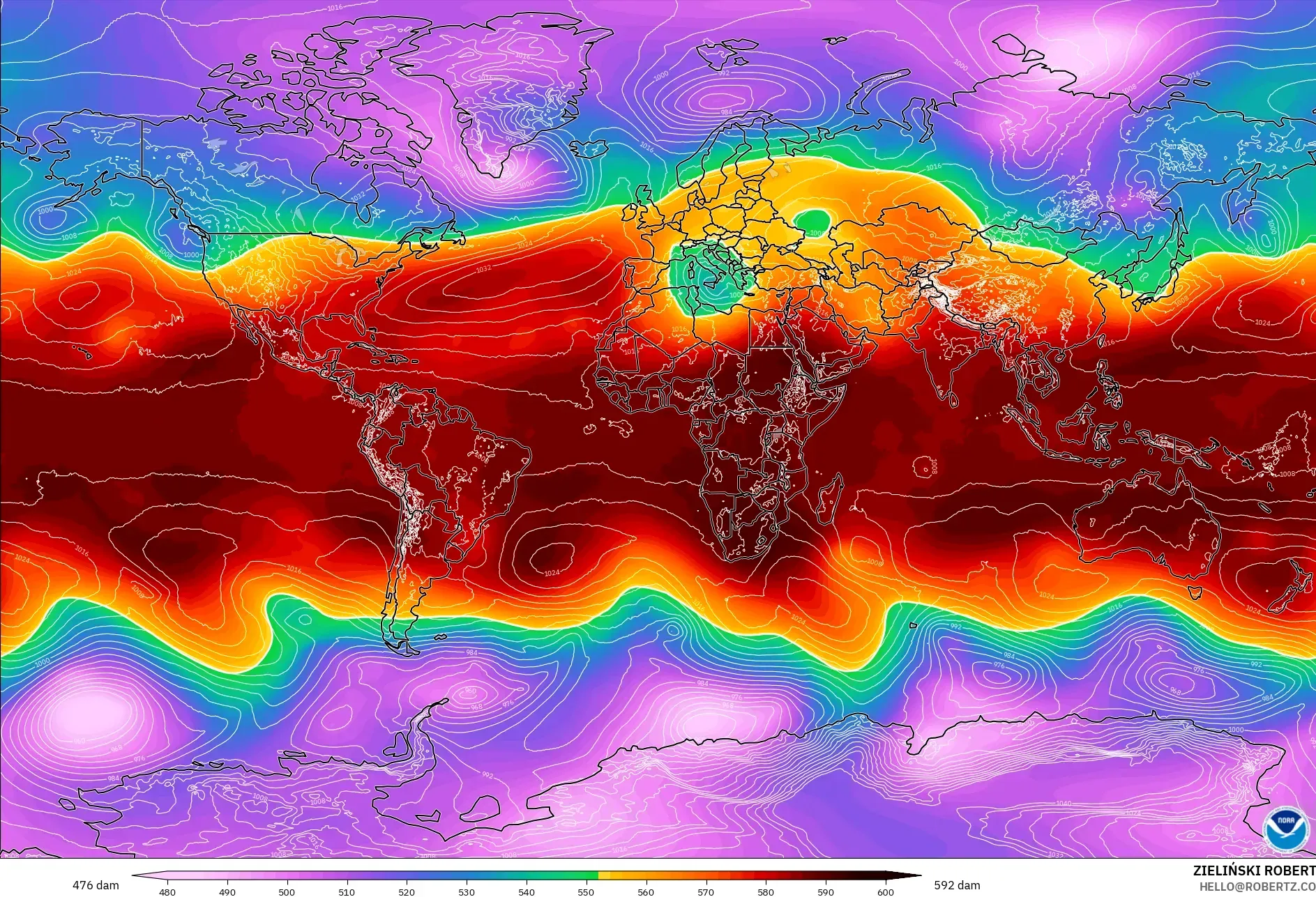 GFS modelo - Mundo, Altura geopotencial a 500 hPa