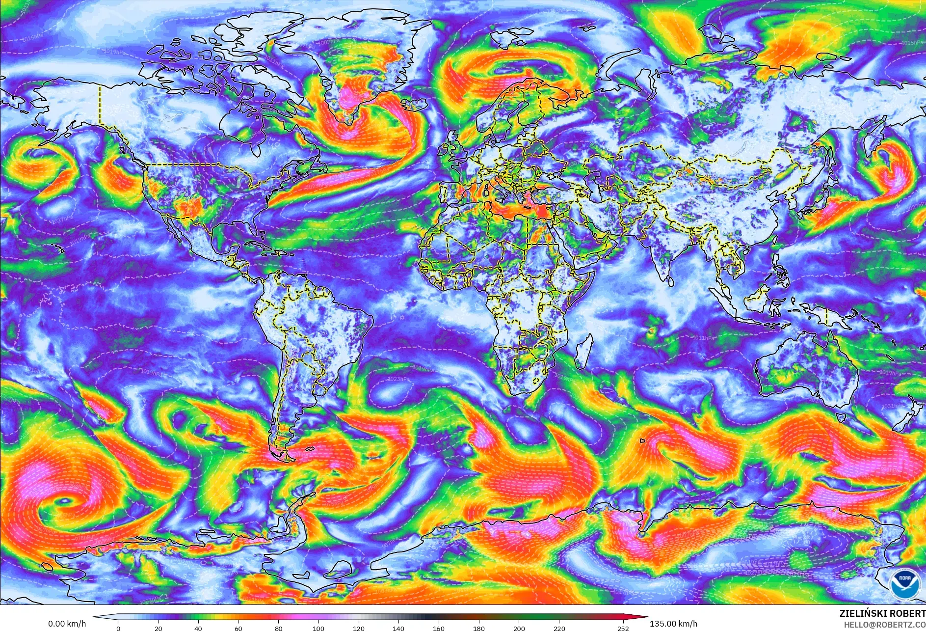 GFS modelo - Mundo, Ráfagas de viento