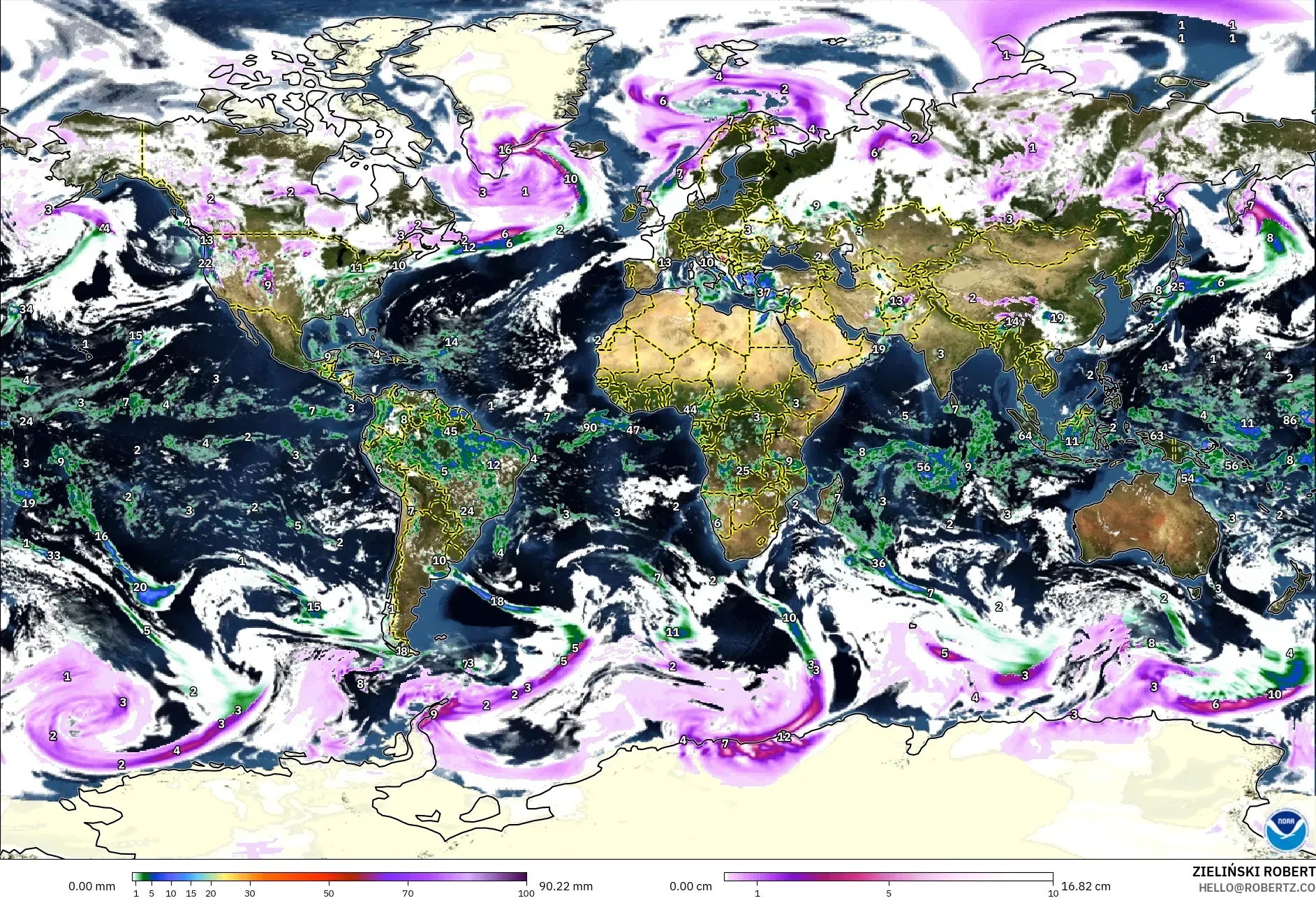 GFS modelo - Mundo, Precipitación, nubes y presión