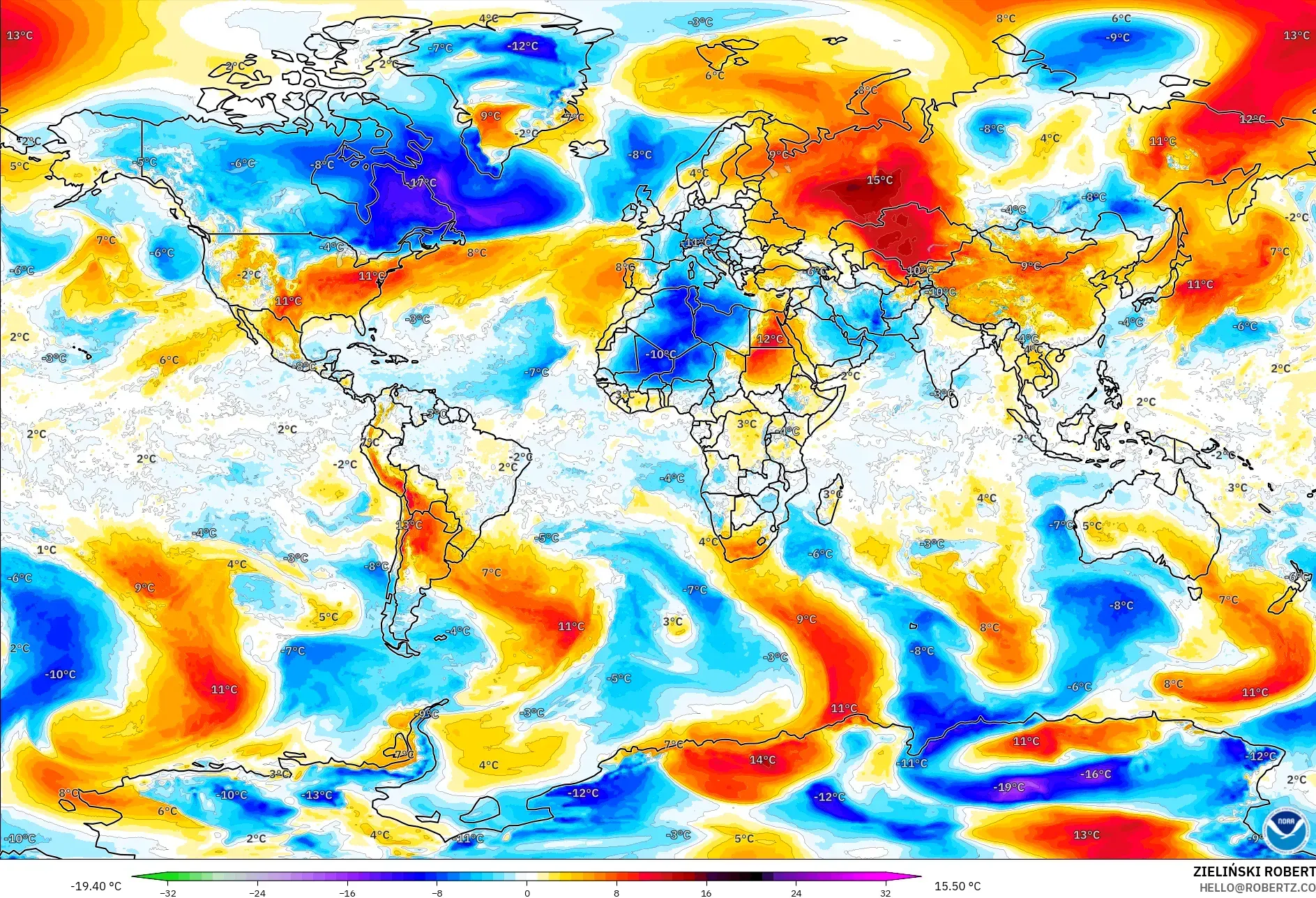 GFS modelo - Mundo, Anomalía de temperatura a 850 hPa